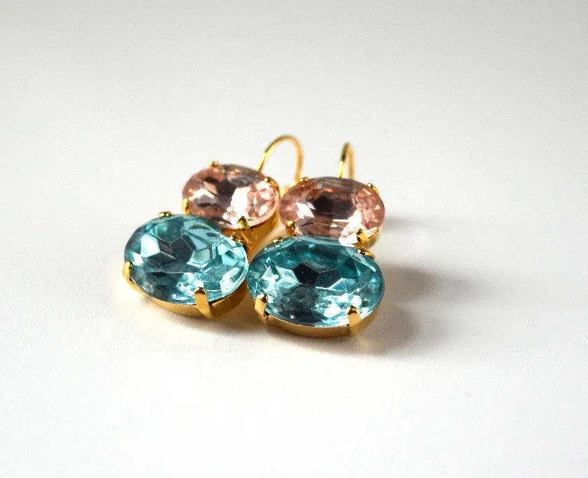 Pink and Aqua Crystal Earrings, 18th Century Style Earrings