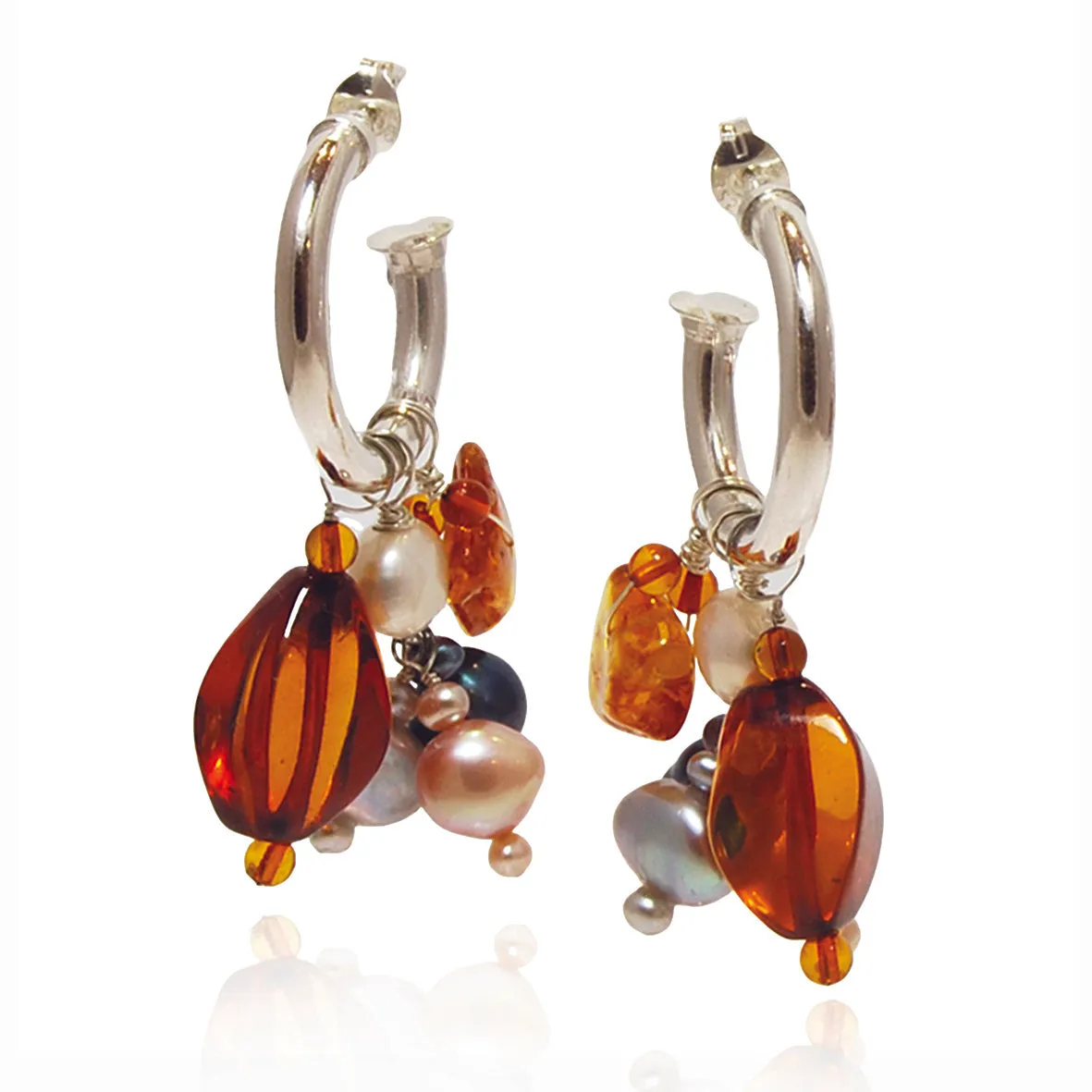 Pink-Grey & White Freshwater Pearl & Amber 'Honey Drop' hoop Earrings