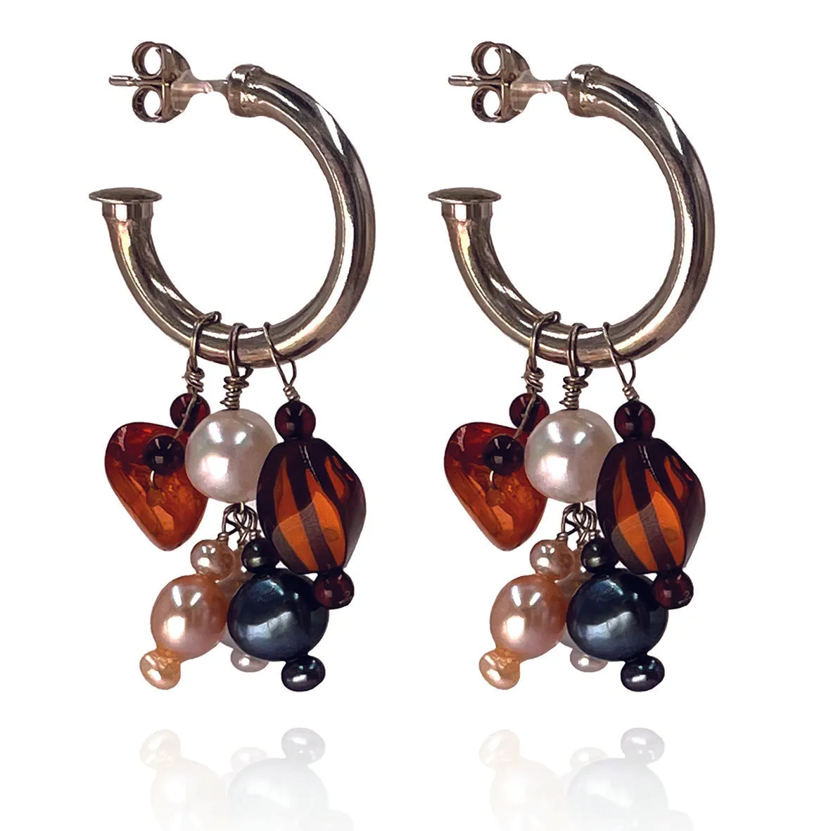 Pink-Grey & White Freshwater Pearl & Amber 'Honey Drop' hoop Earrings