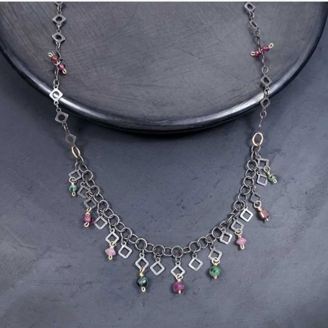 Pink Tourmaline, Ruby Zoisite and Garnet Drops on Oxidized Silver Square Chain Necklace