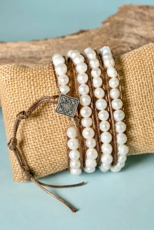 Quinn Pearl & Leather Wrap Bracelet