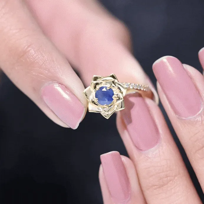 Real Blue Sapphire and Diamond Flower Ring with Bypass Shank