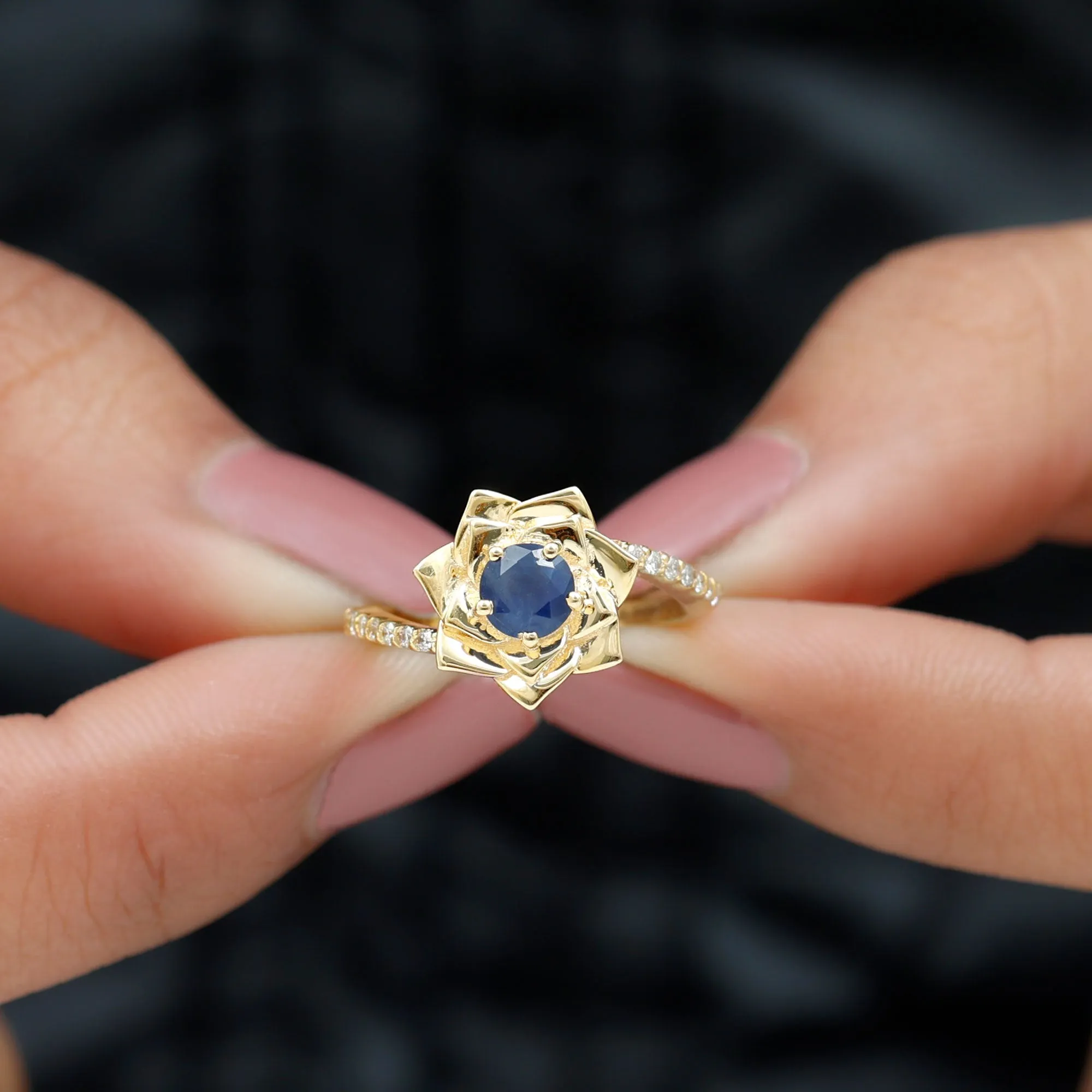 Real Blue Sapphire and Diamond Flower Ring with Bypass Shank