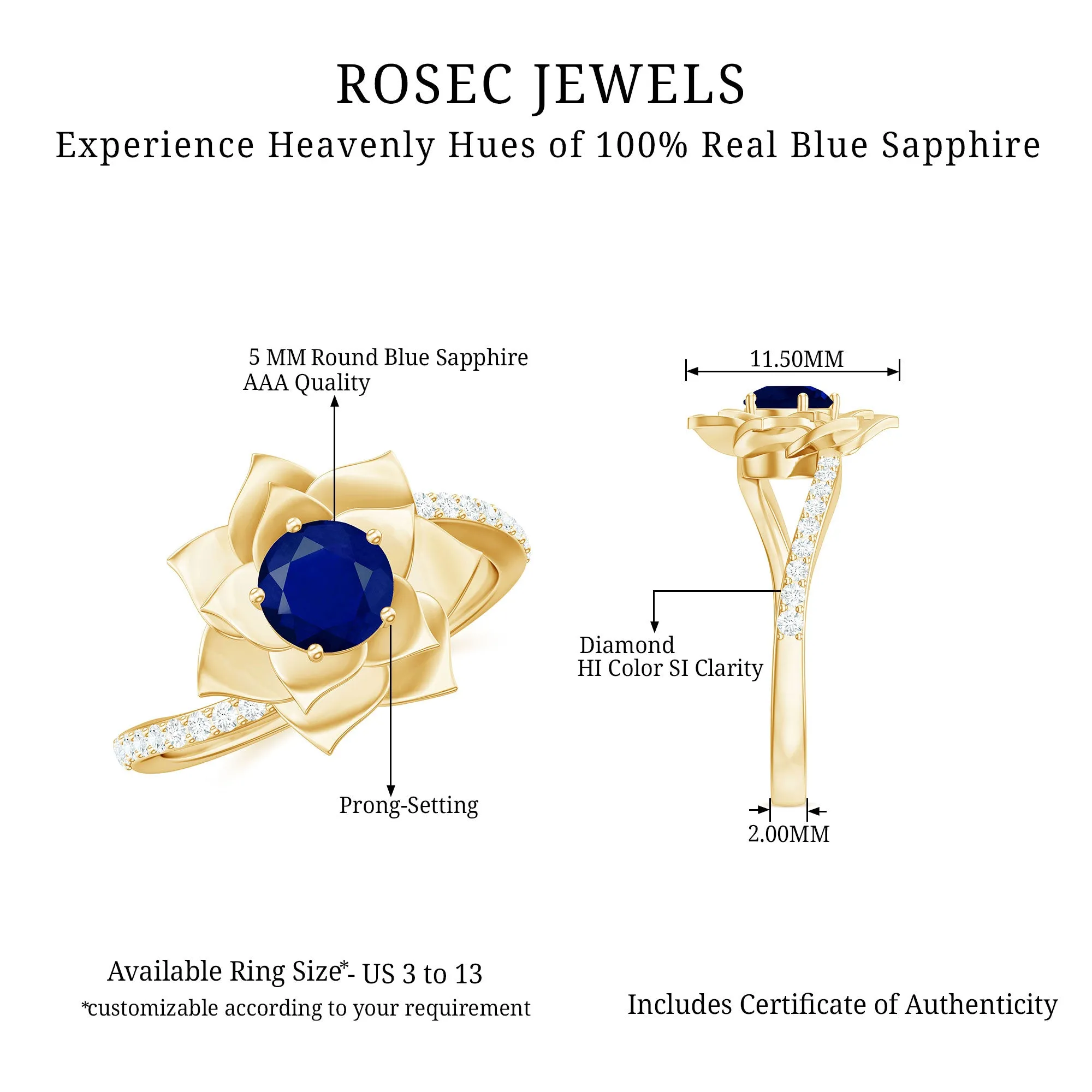 Real Blue Sapphire and Diamond Flower Ring with Bypass Shank