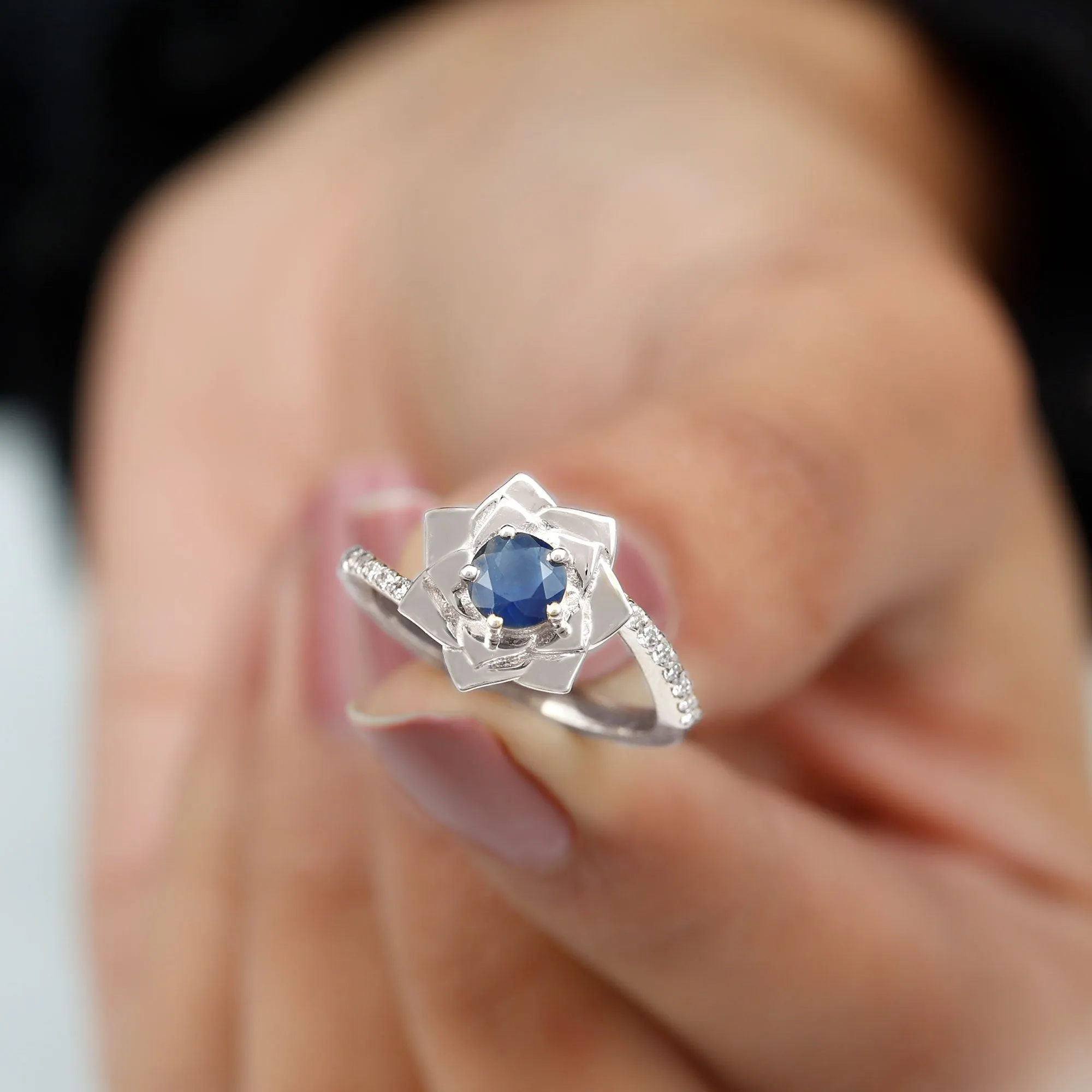 Real Blue Sapphire and Diamond Flower Ring with Bypass Shank