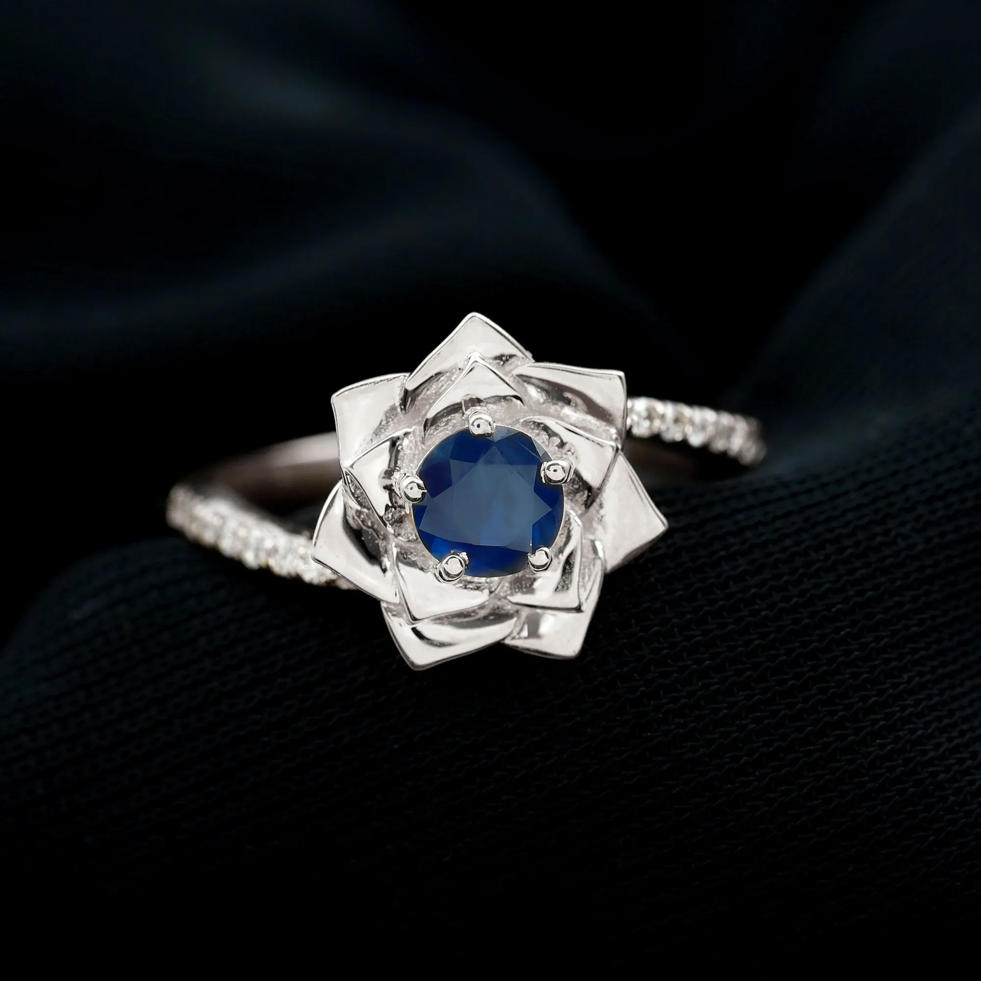 Real Blue Sapphire and Diamond Flower Ring with Bypass Shank