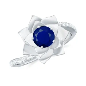 Real Blue Sapphire and Diamond Flower Ring with Bypass Shank