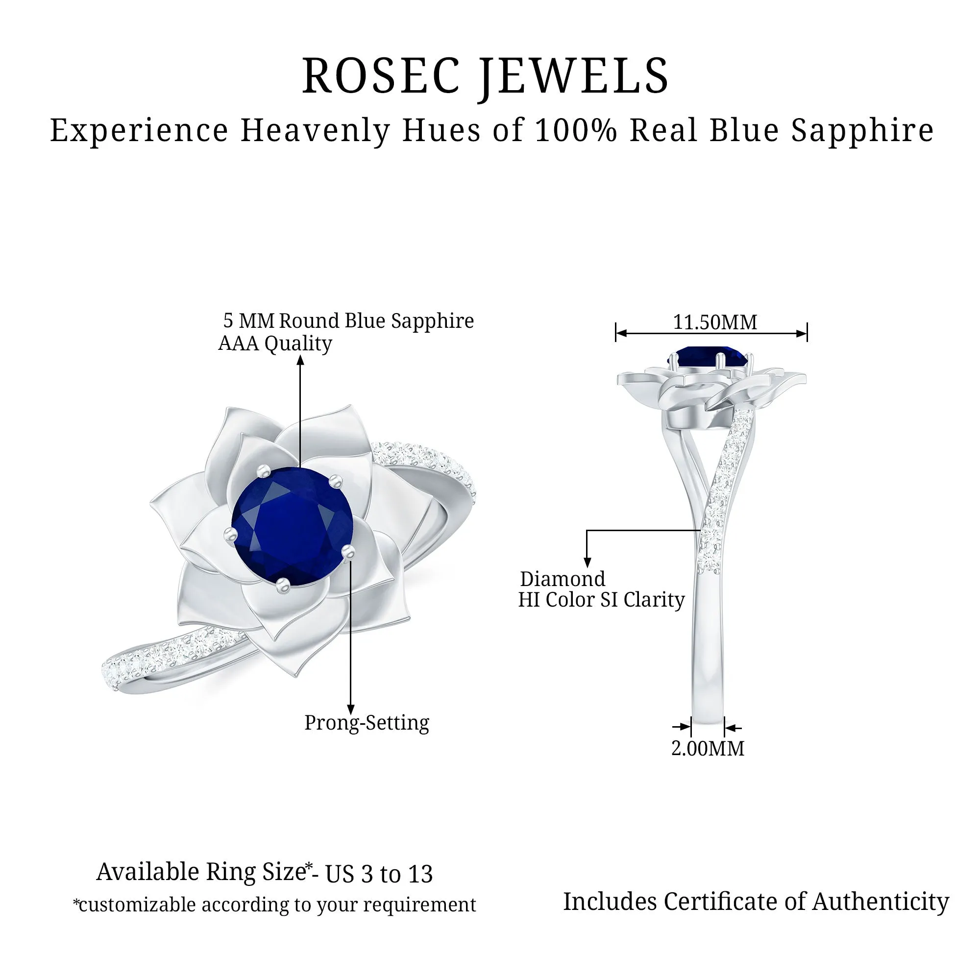 Real Blue Sapphire and Diamond Flower Ring with Bypass Shank