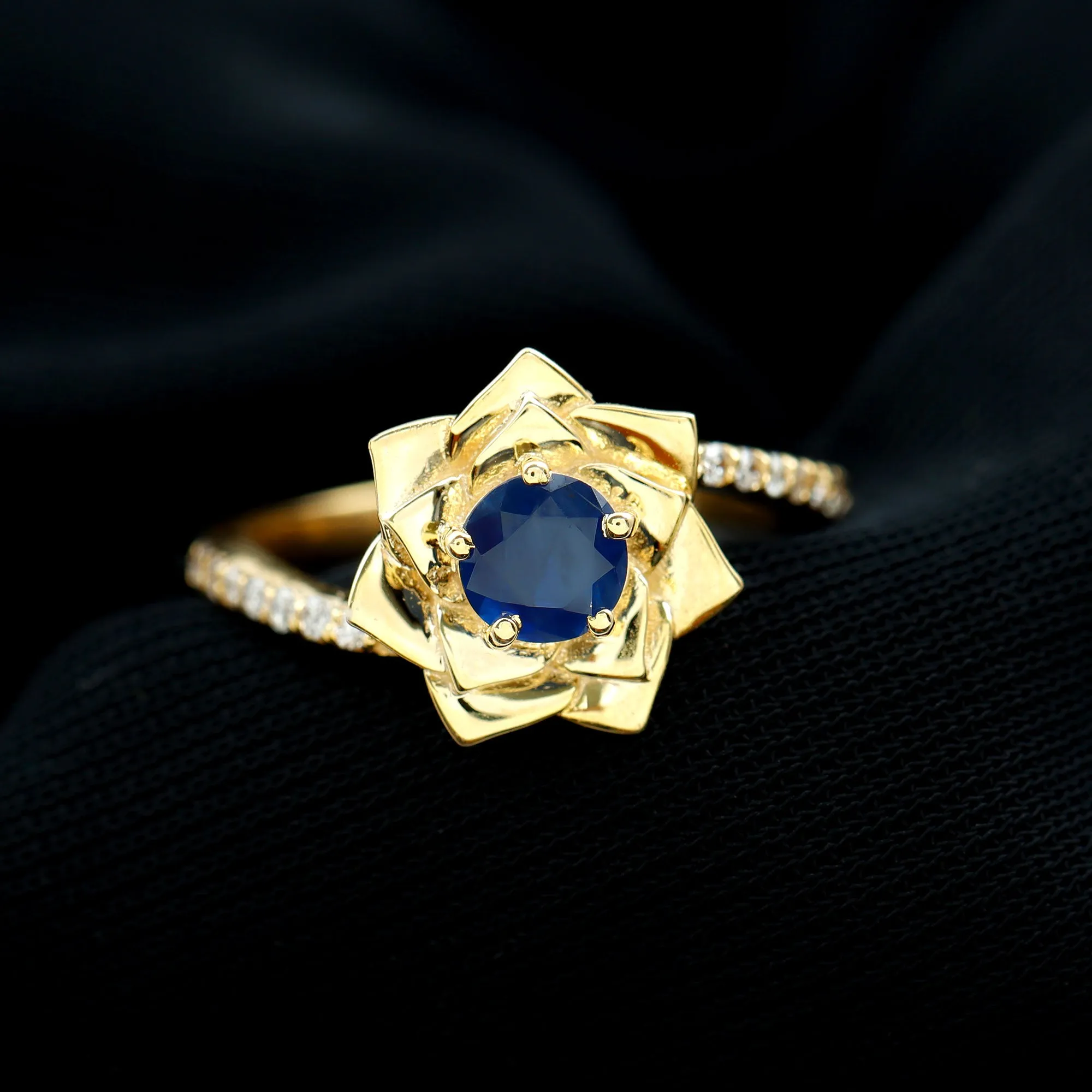 Real Blue Sapphire and Diamond Flower Ring with Bypass Shank