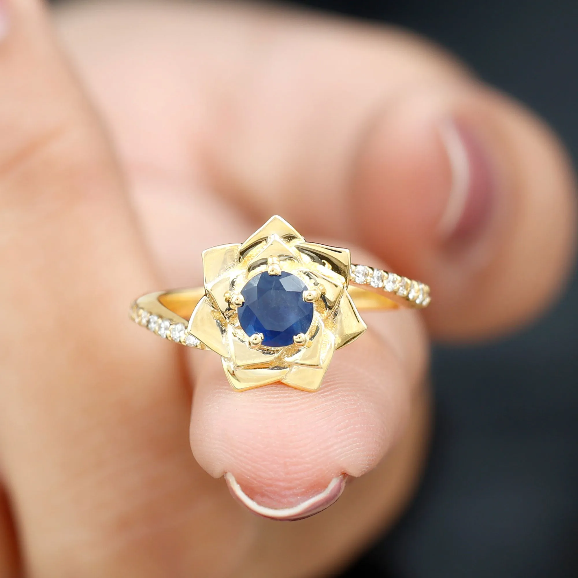 Real Blue Sapphire and Diamond Flower Ring with Bypass Shank