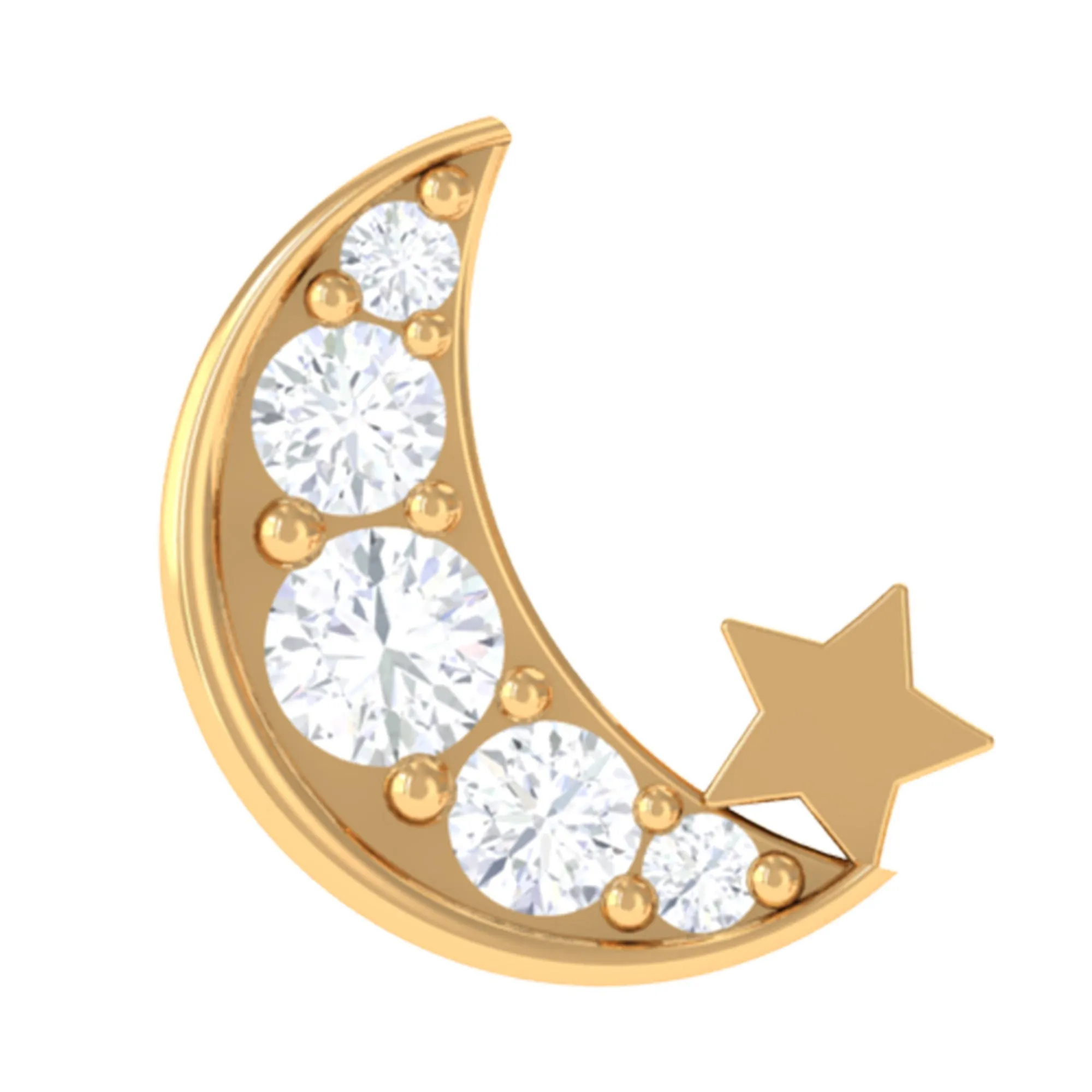 Real Diamond Gold Moon Star Earring for Cartilage Piercing