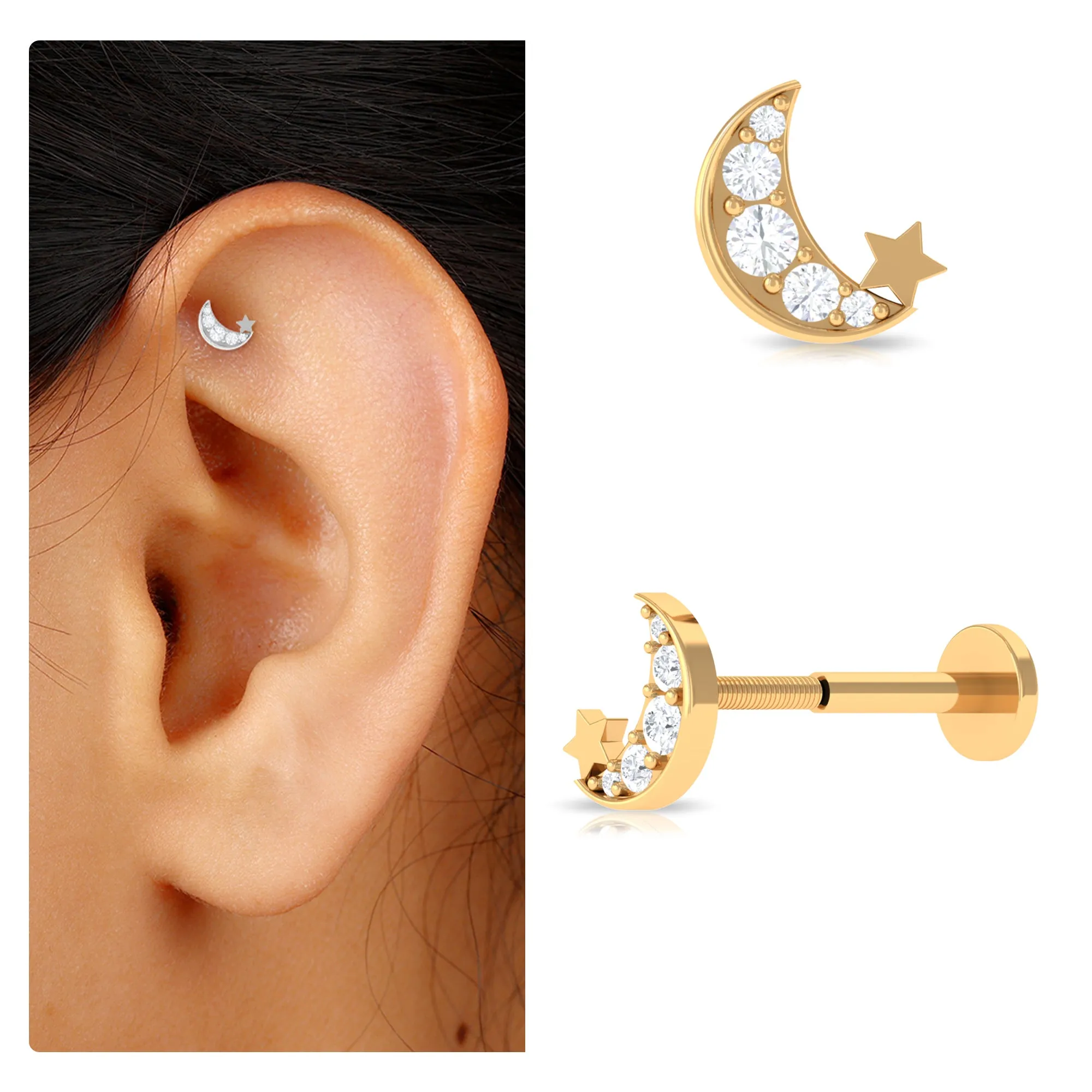 Real Diamond Gold Moon Star Earring for Cartilage Piercing