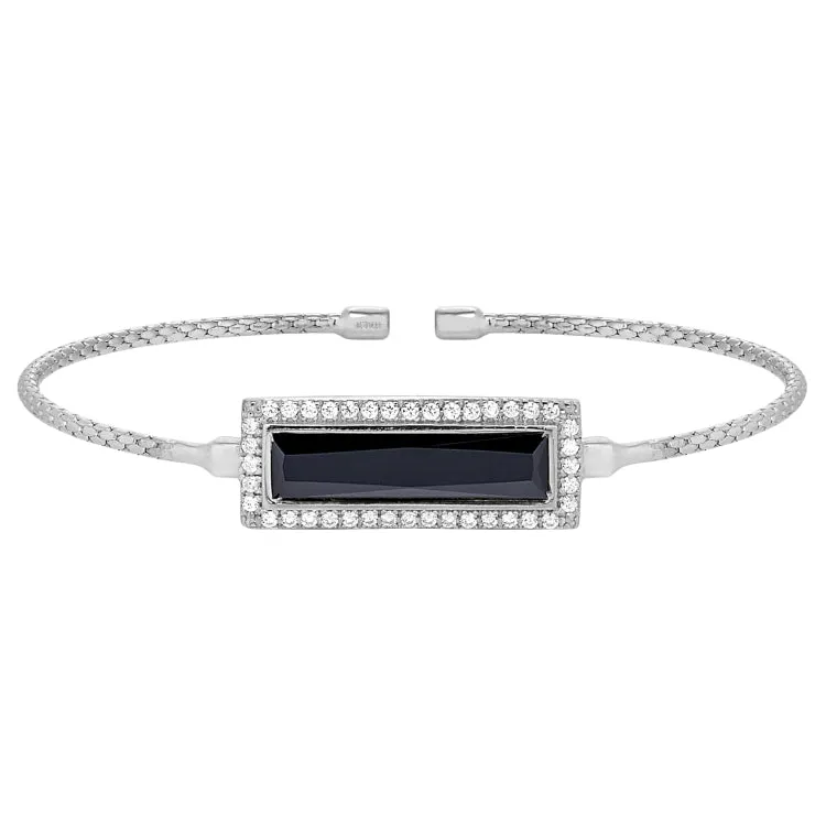 Rhodium Finish Sterling Silver Cable Cuff Bracelet with Rectangular Simulated Onyx Stone and Simulated Diamonds