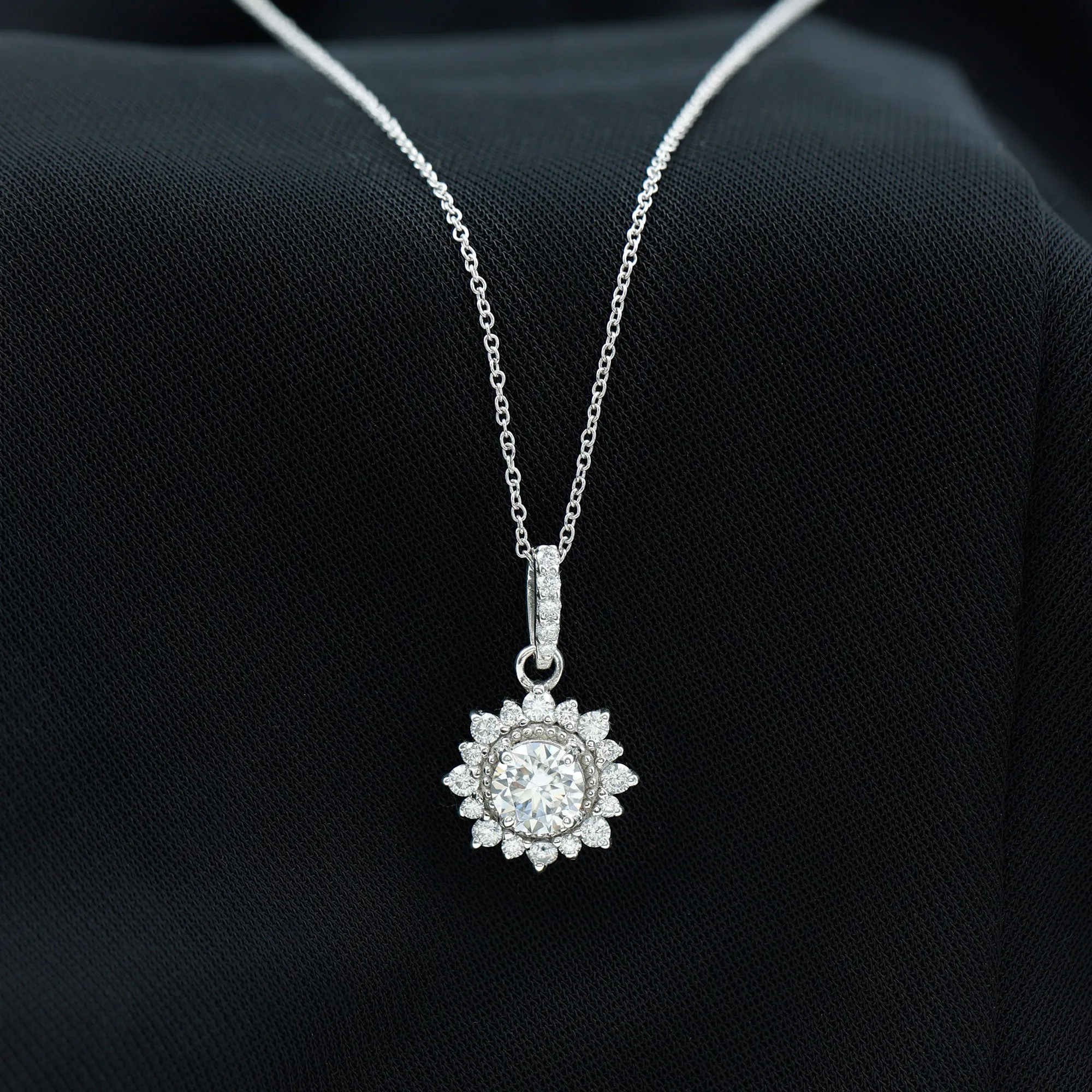 Round Moissanite Silver Halo Pendant with Beaded Detailing