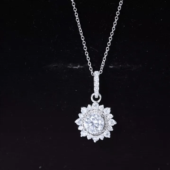 Round Moissanite Silver Halo Pendant with Beaded Detailing