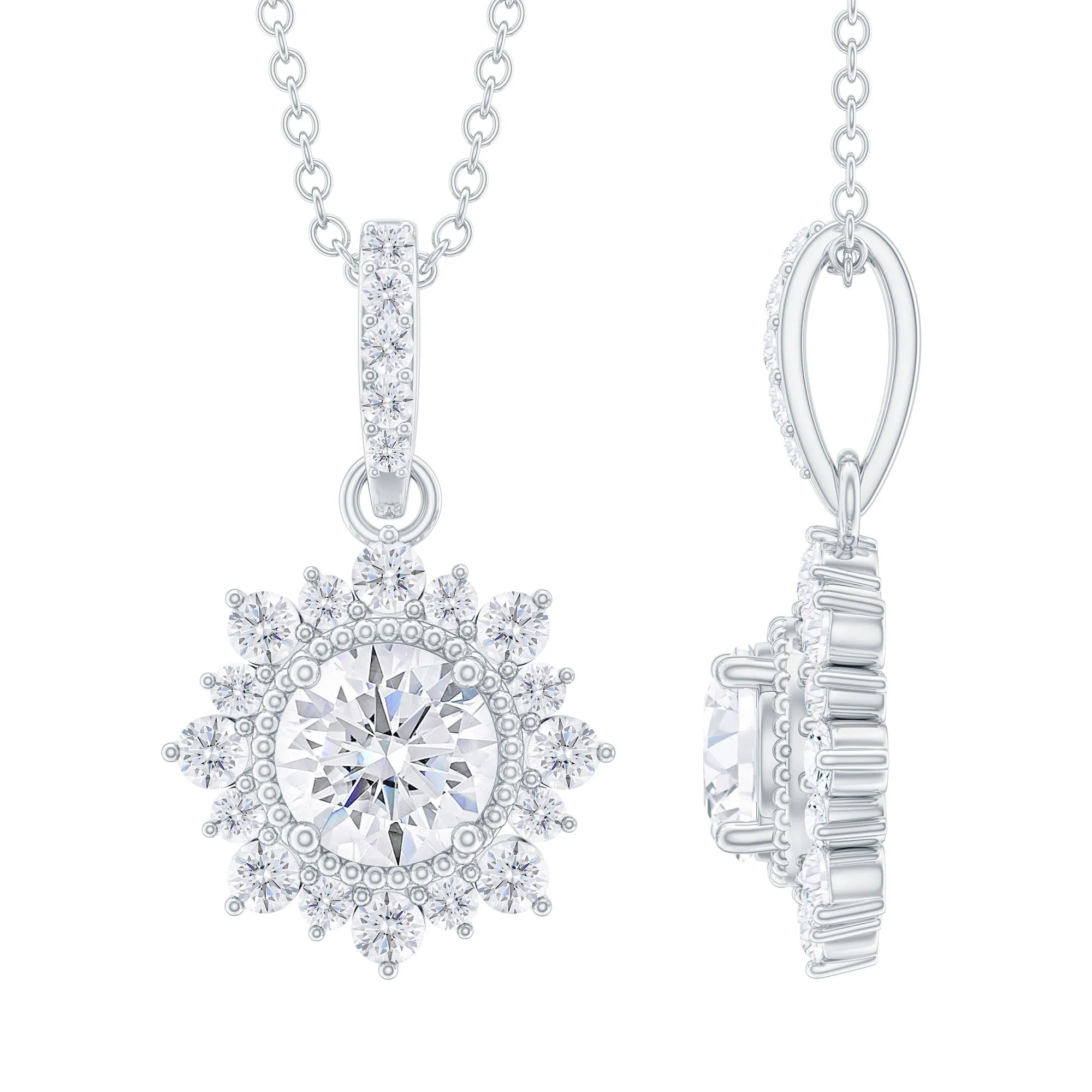 Round Moissanite Silver Halo Pendant with Beaded Detailing