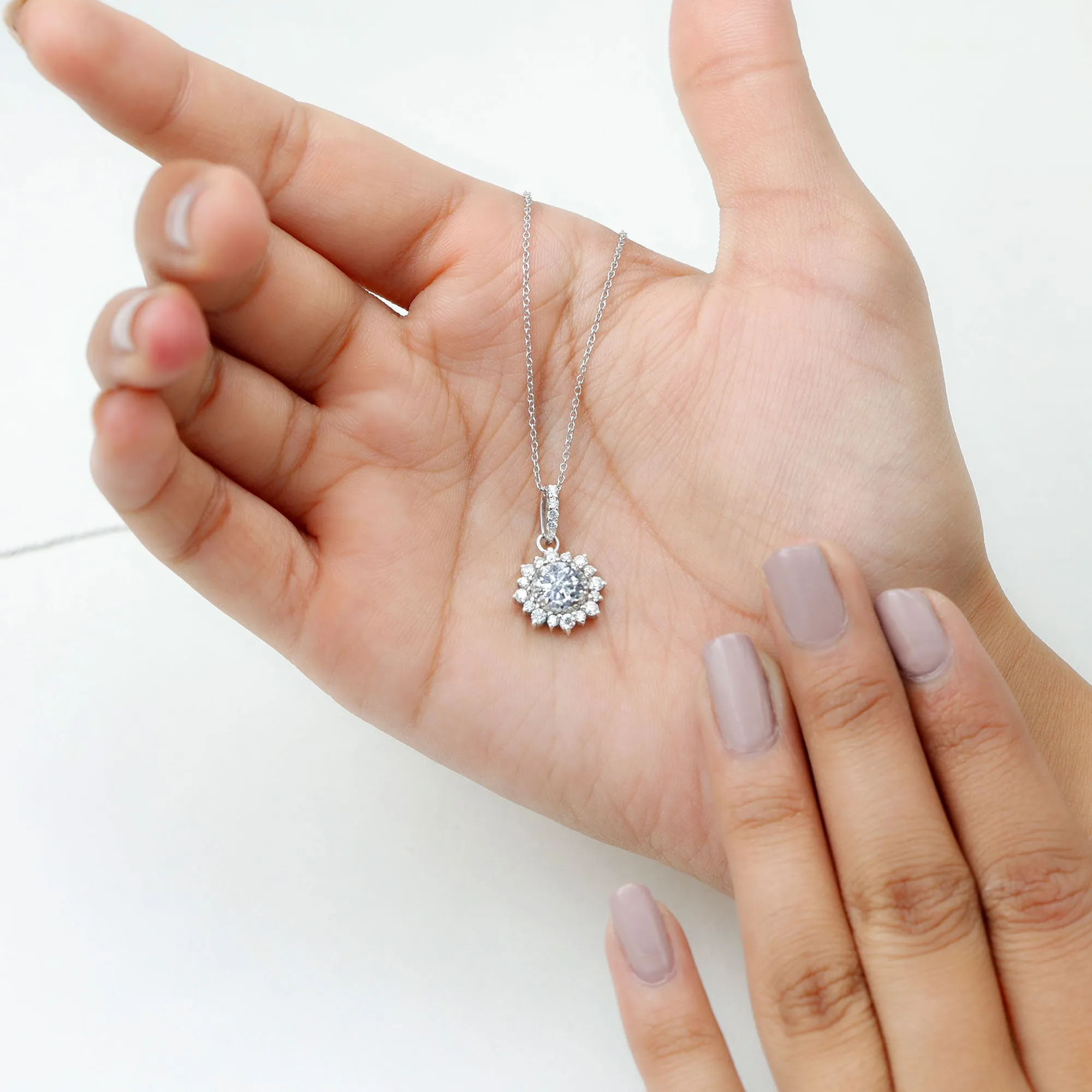 Round Moissanite Silver Halo Pendant with Beaded Detailing