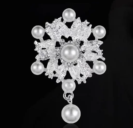 Silver Pearl Rhinestone Brooch