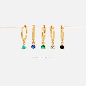 Single CZ Beaded Hoops, White Stone, Emerald, Turquoise, Sapphire, Black Stone, Unisex, Gold, Silver SH067, SH338, SH339, SH340, SH341