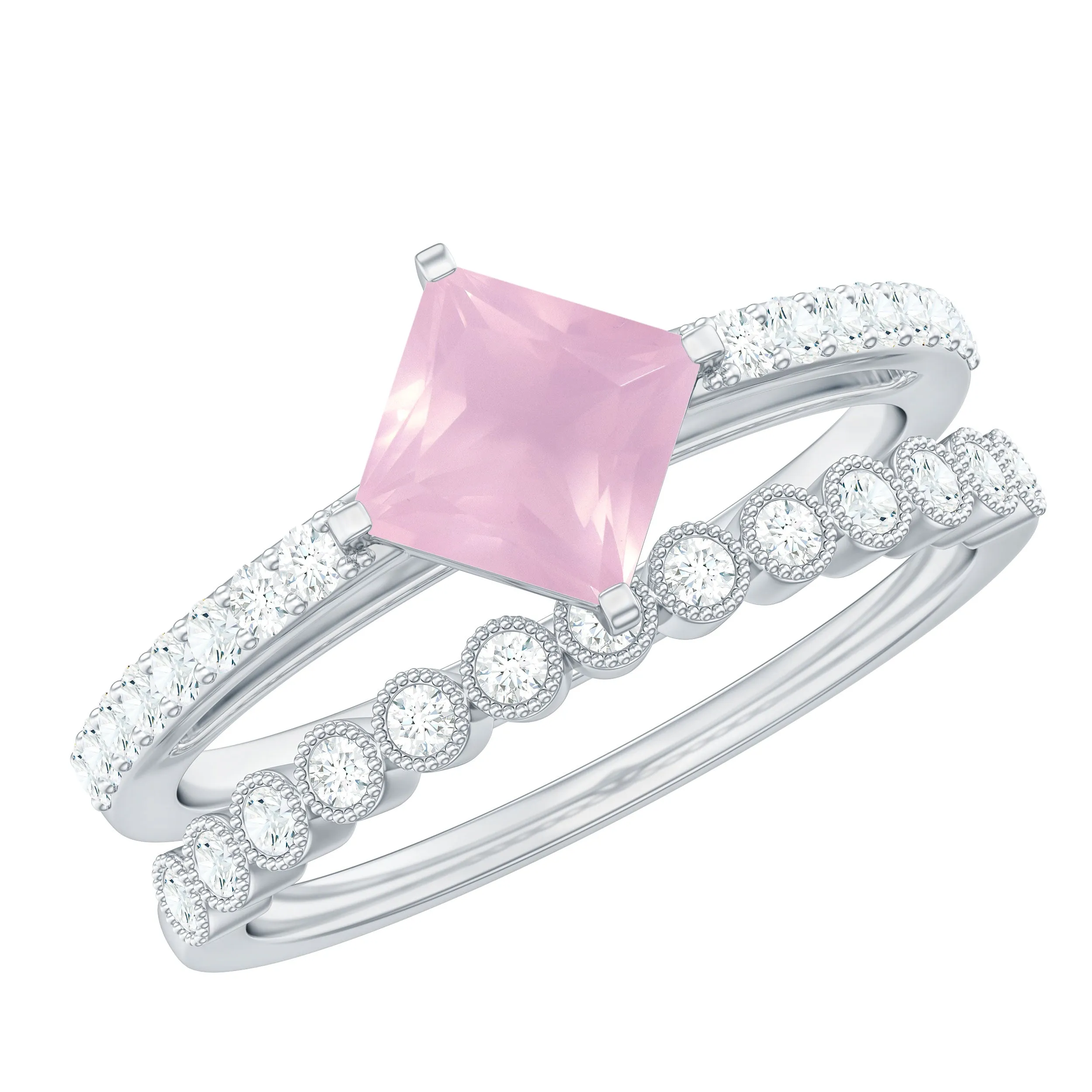 Solitaire Rose Quartz and Diamond Ring Set