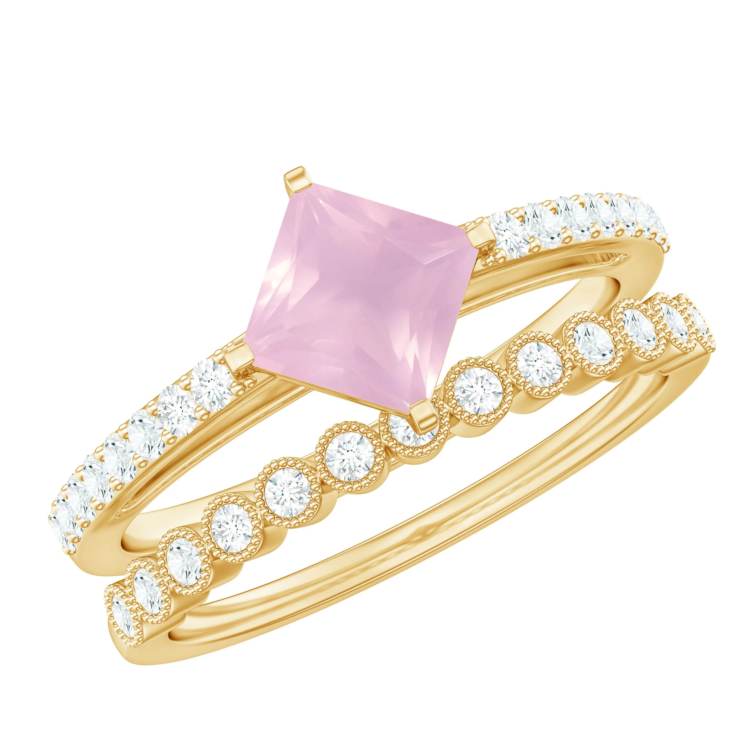 Solitaire Rose Quartz and Diamond Ring Set