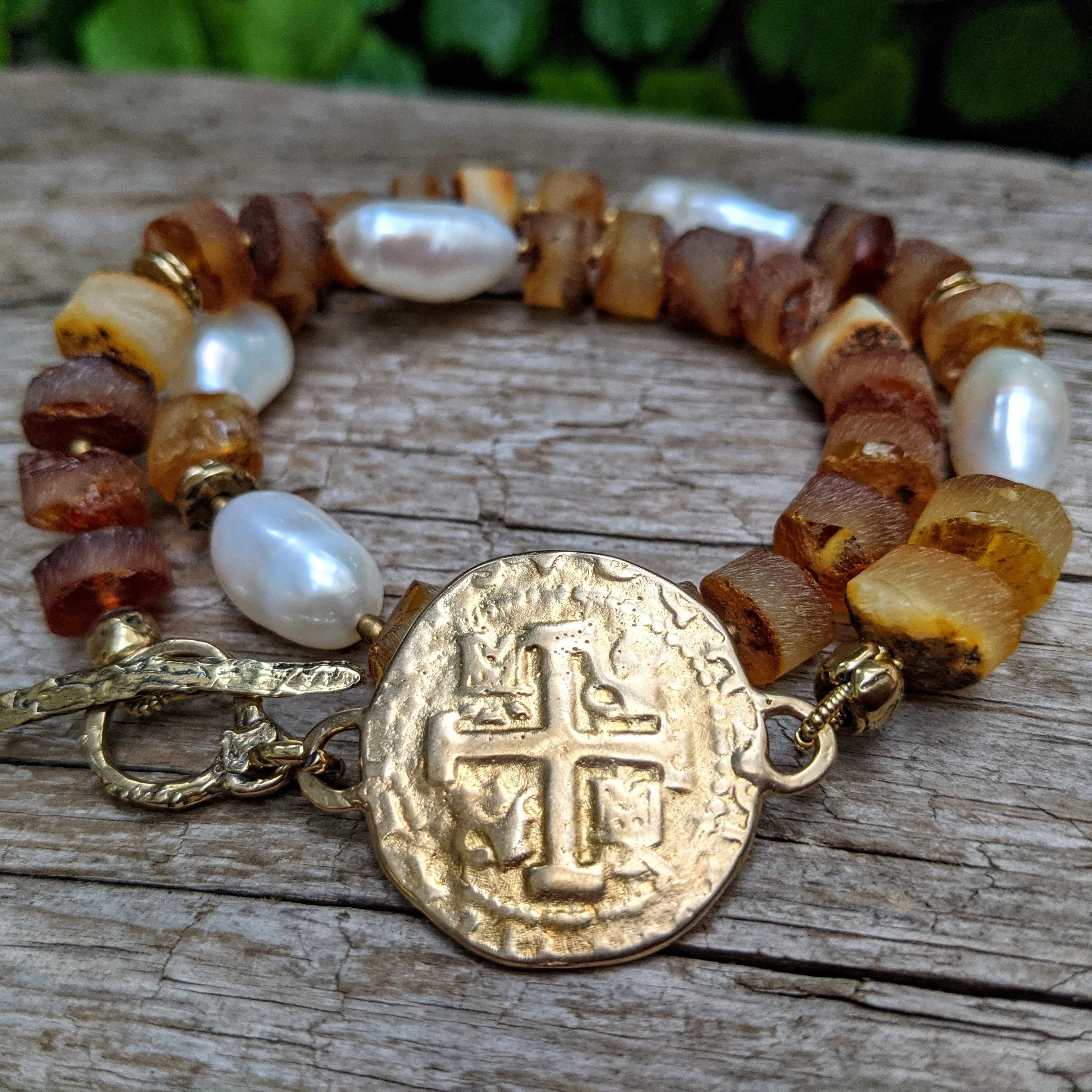 Spanish Coin Amber Wrap Bracelet