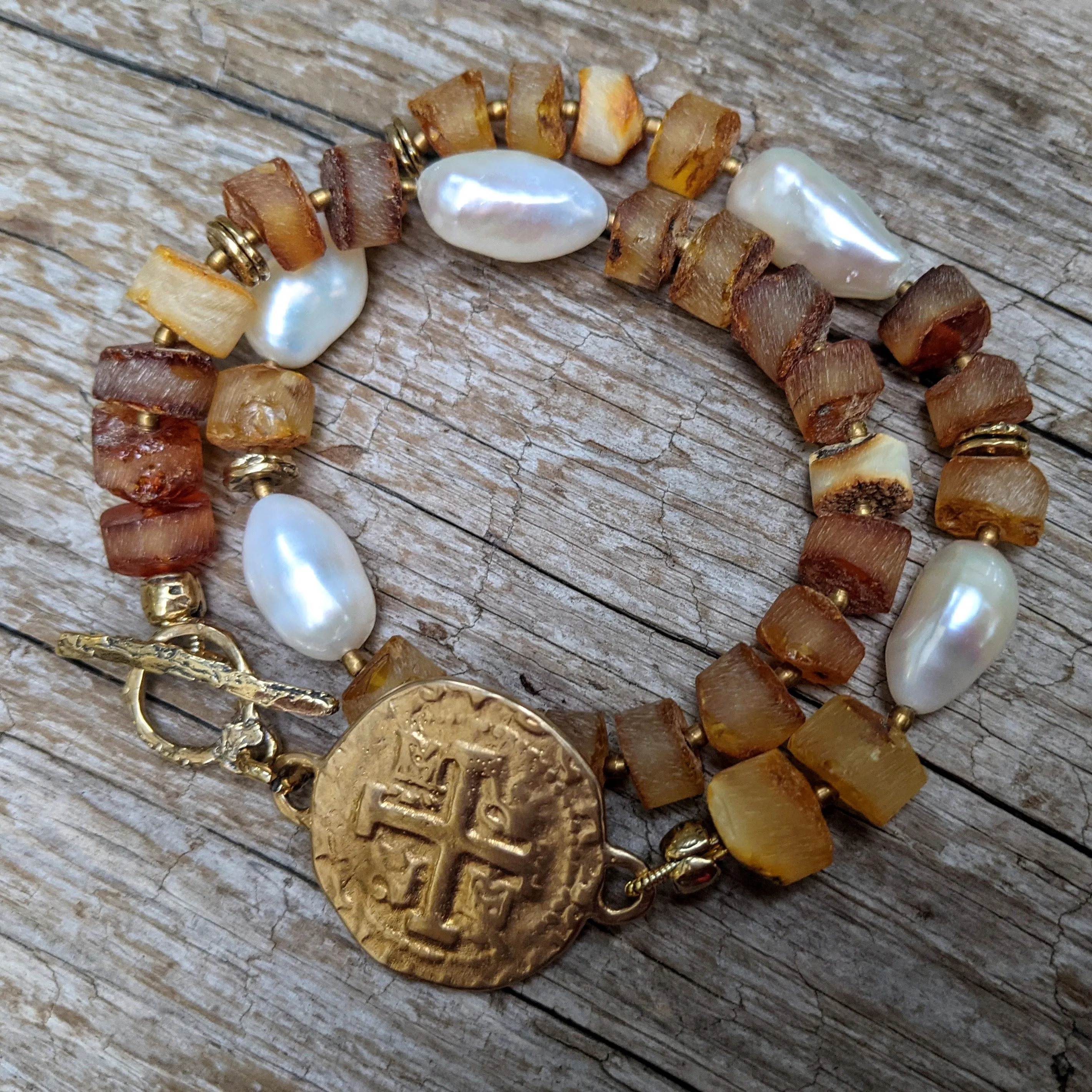 Spanish Coin Amber Wrap Bracelet