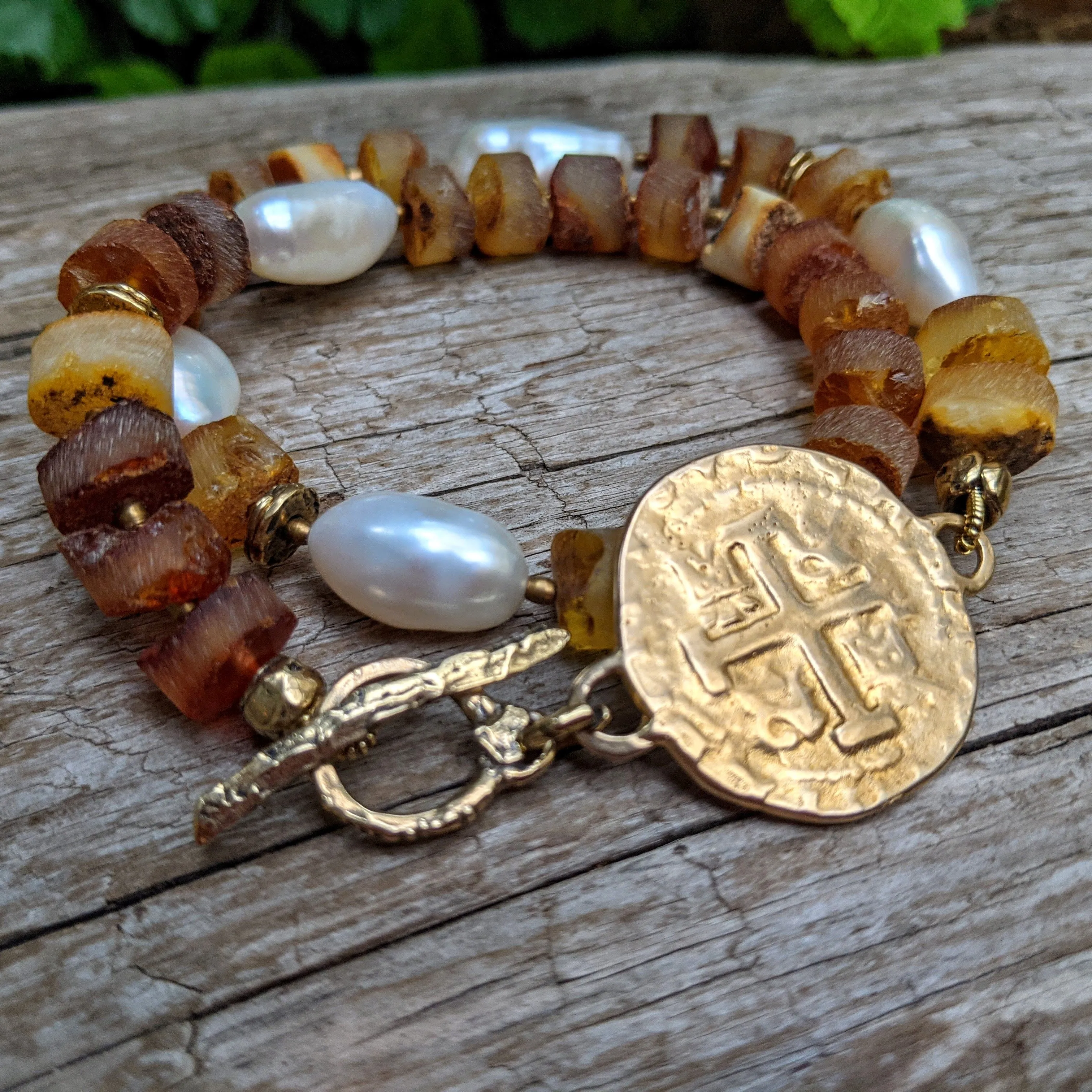 Spanish Coin Amber Wrap Bracelet