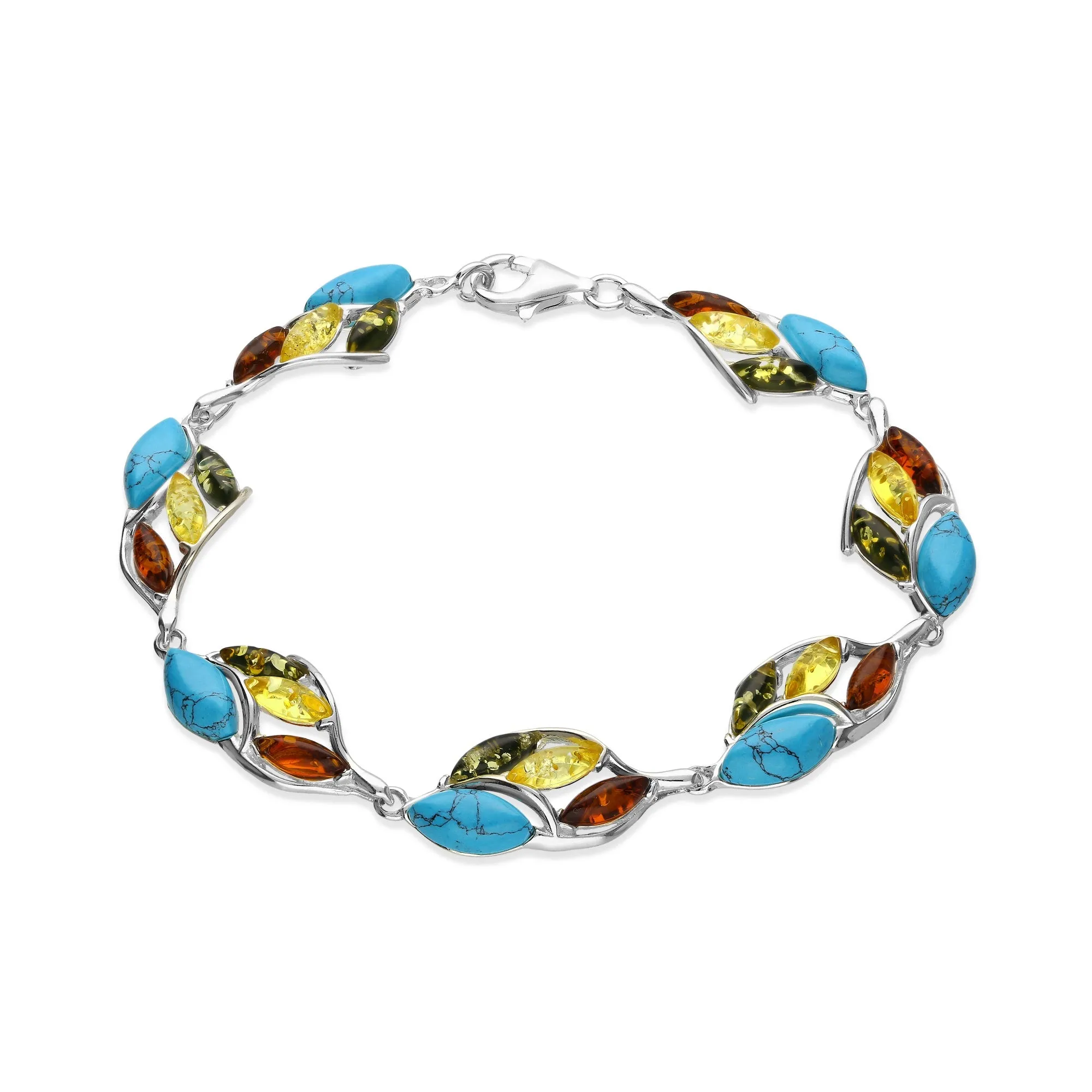 Sterling Silver Mixed Amber & Turquoise Leaf Bracelet