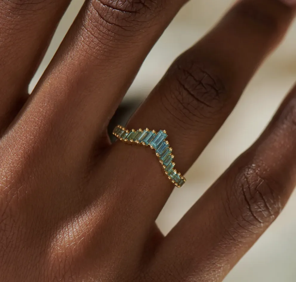 Teal Sapphire Tapered Baguette Tiara Ring