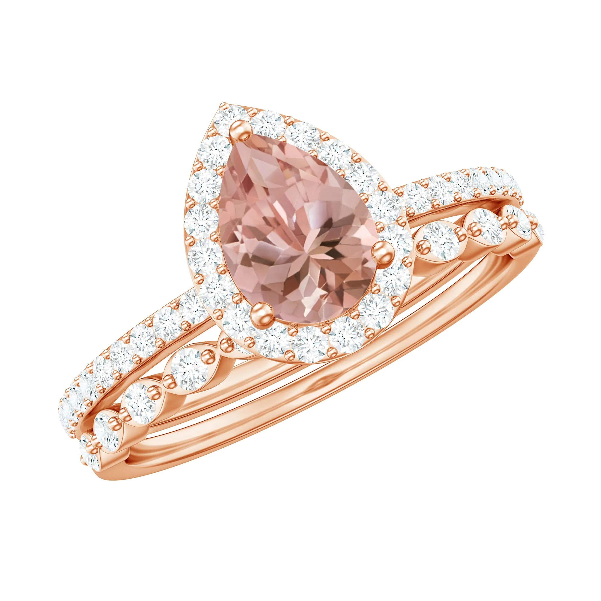 Teardrop Morganite Bridal Ring Set with Diamond