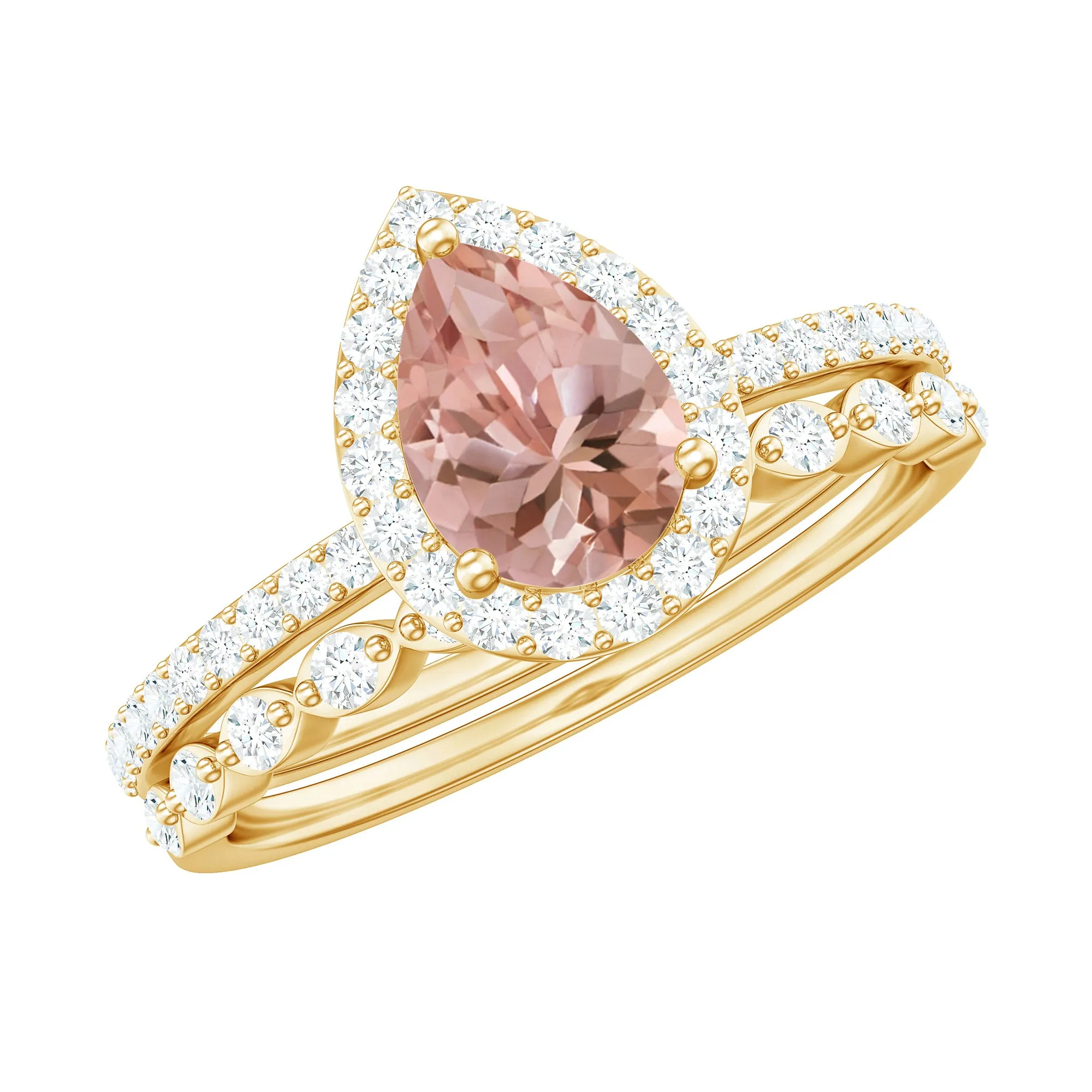 Teardrop Morganite Bridal Ring Set with Diamond