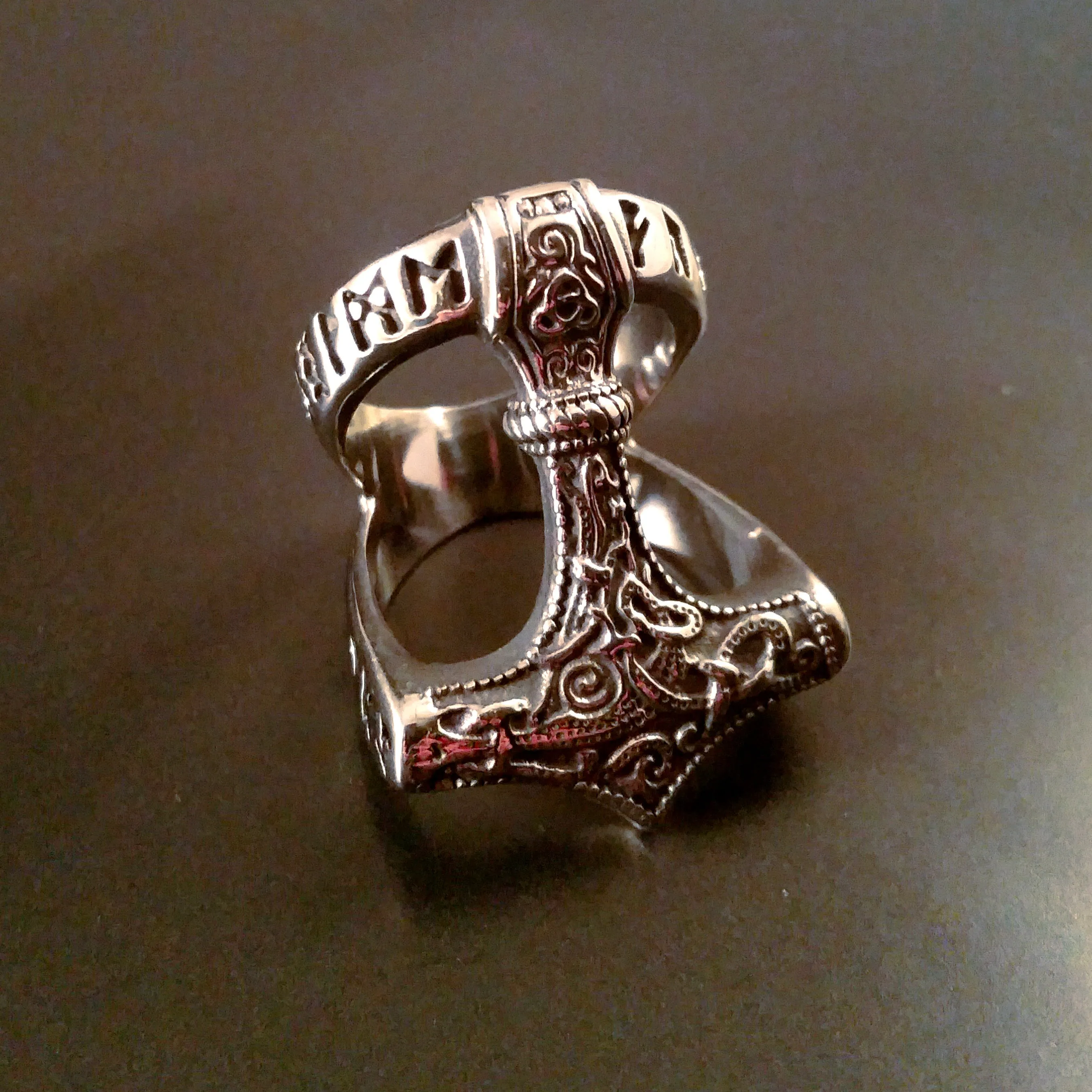 Thor's Hammer Ring Silver Mens Runes Norse Viking Style