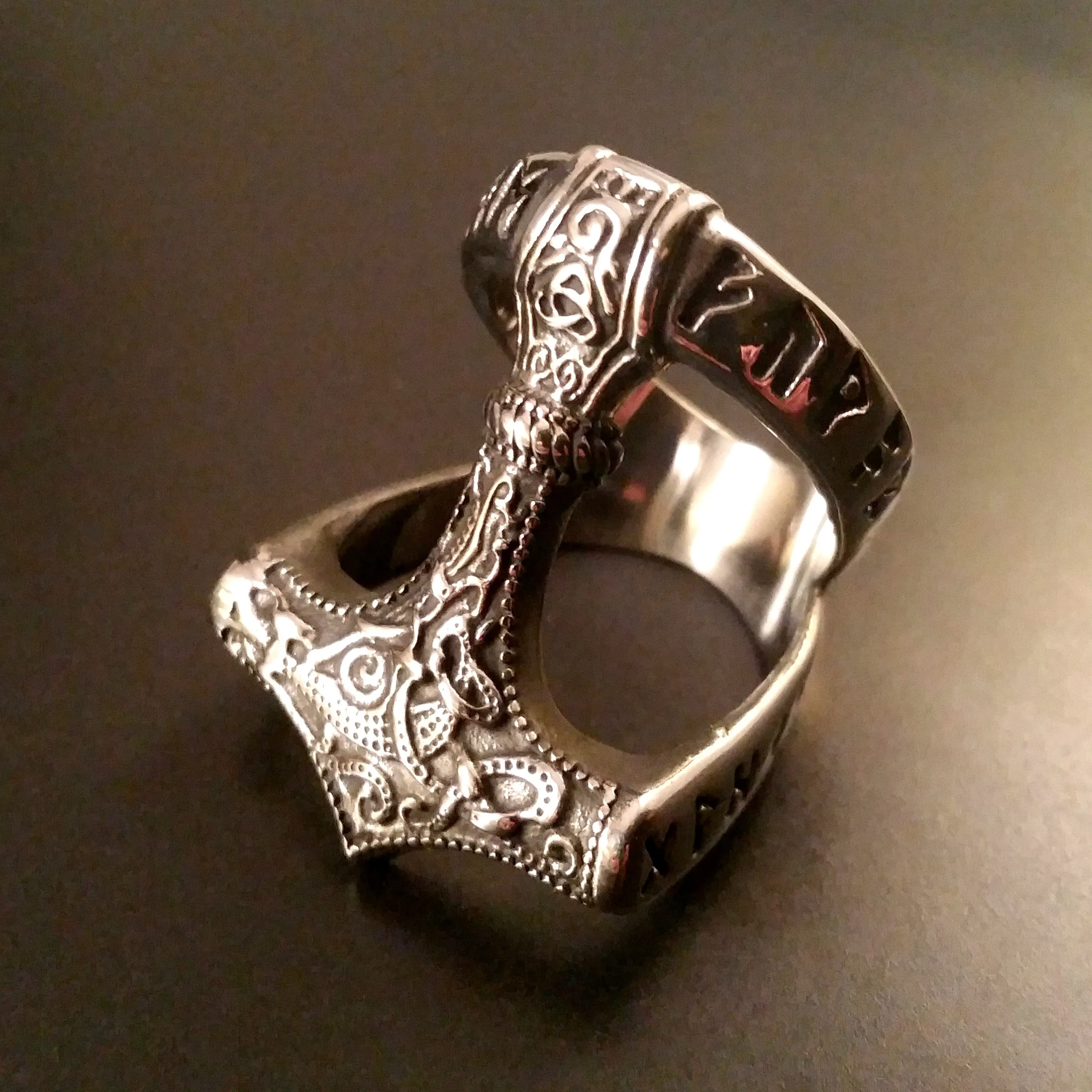 Thor's Hammer Ring Silver Mens Runes Norse Viking Style