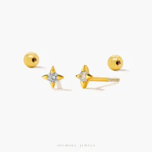 Tiny 4 Pointed Star With White Gem Stud Earrings With Screw Ball End, Unisex, Gold, Silver SHEMISLI SS955