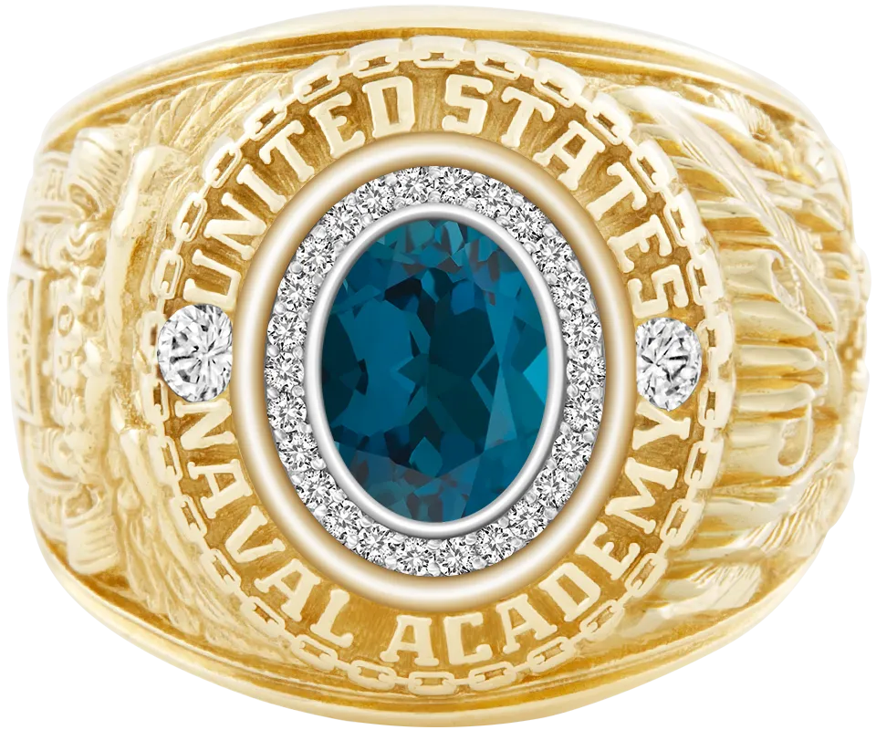 USNA Class Ring Mod™ with London Blue Topaz Centerpiece and Diamond Dividers