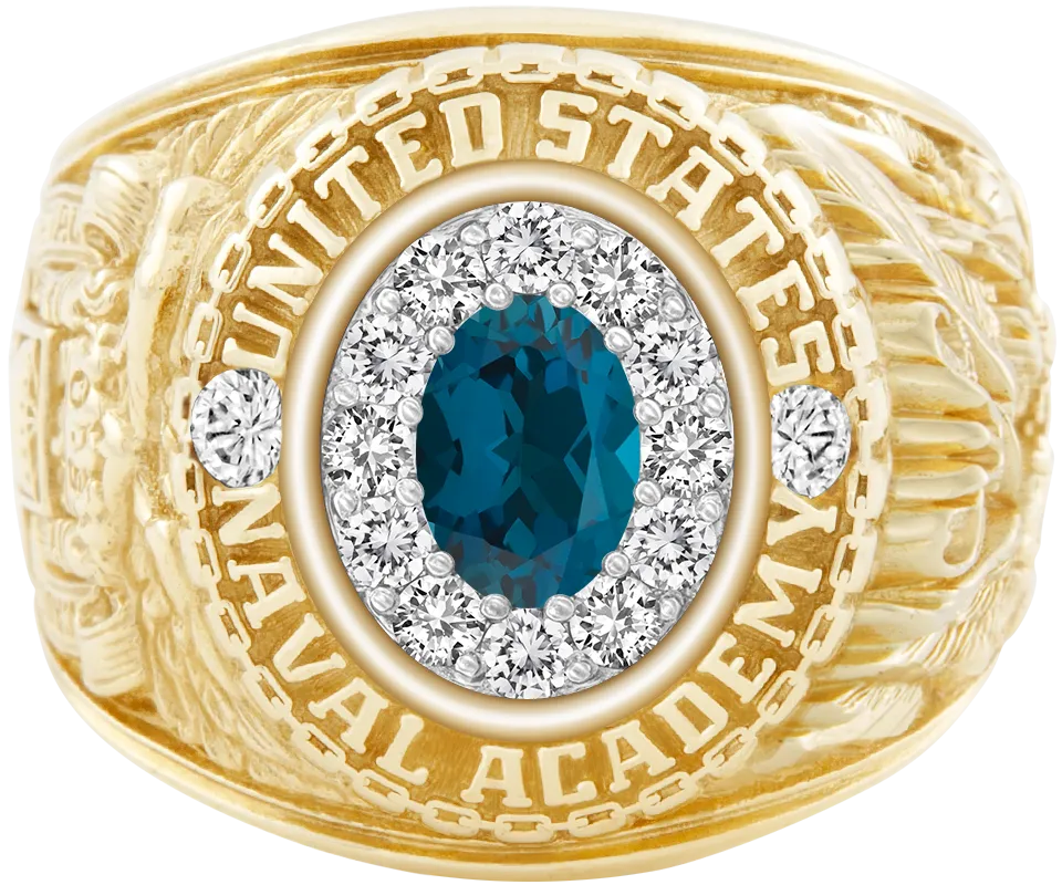 USNA Class Ring Mod™ with London Blue Topaz Centerpiece and Diamond Dividers