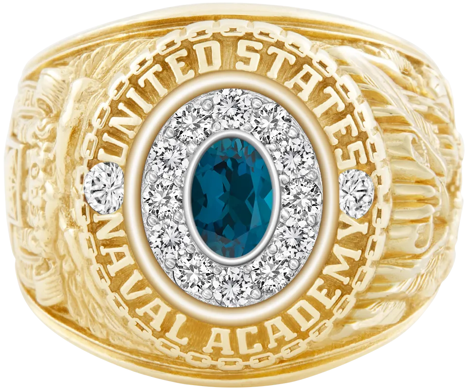 USNA Class Ring Mod™ with London Blue Topaz Centerpiece and Diamond Dividers