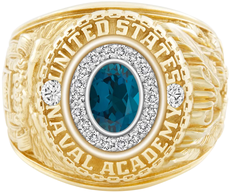 USNA Class Ring Mod™ with London Blue Topaz Centerpiece and Diamond Dividers