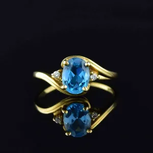 Vintage 14K Gold Swiss Blue Topaz Diamond Ring