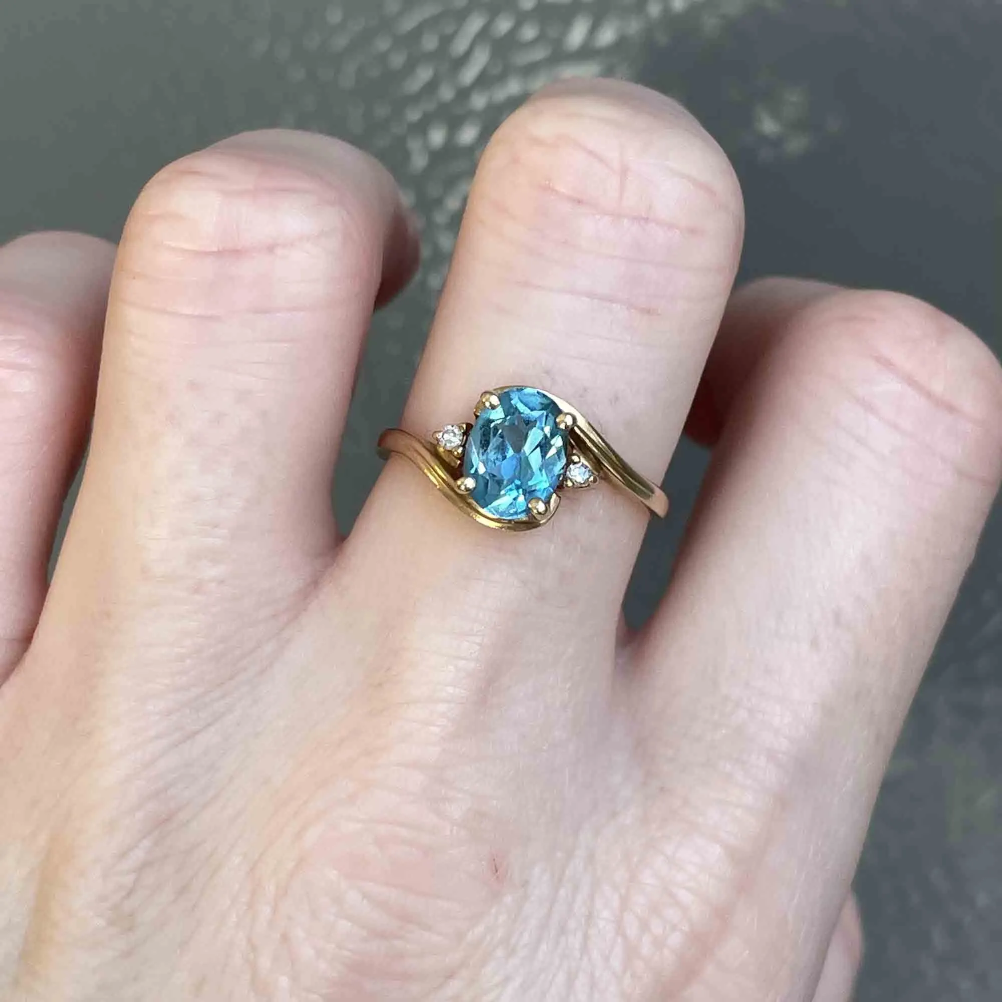 Vintage 14K Gold Swiss Blue Topaz Diamond Ring