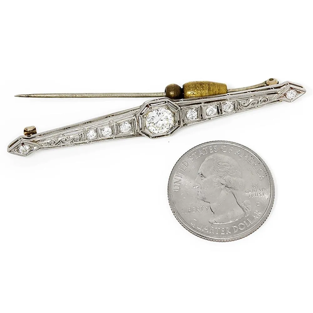 Vintage Art Deco Round Diamond Brooch Bar Pin in Platinum 1.50ctw