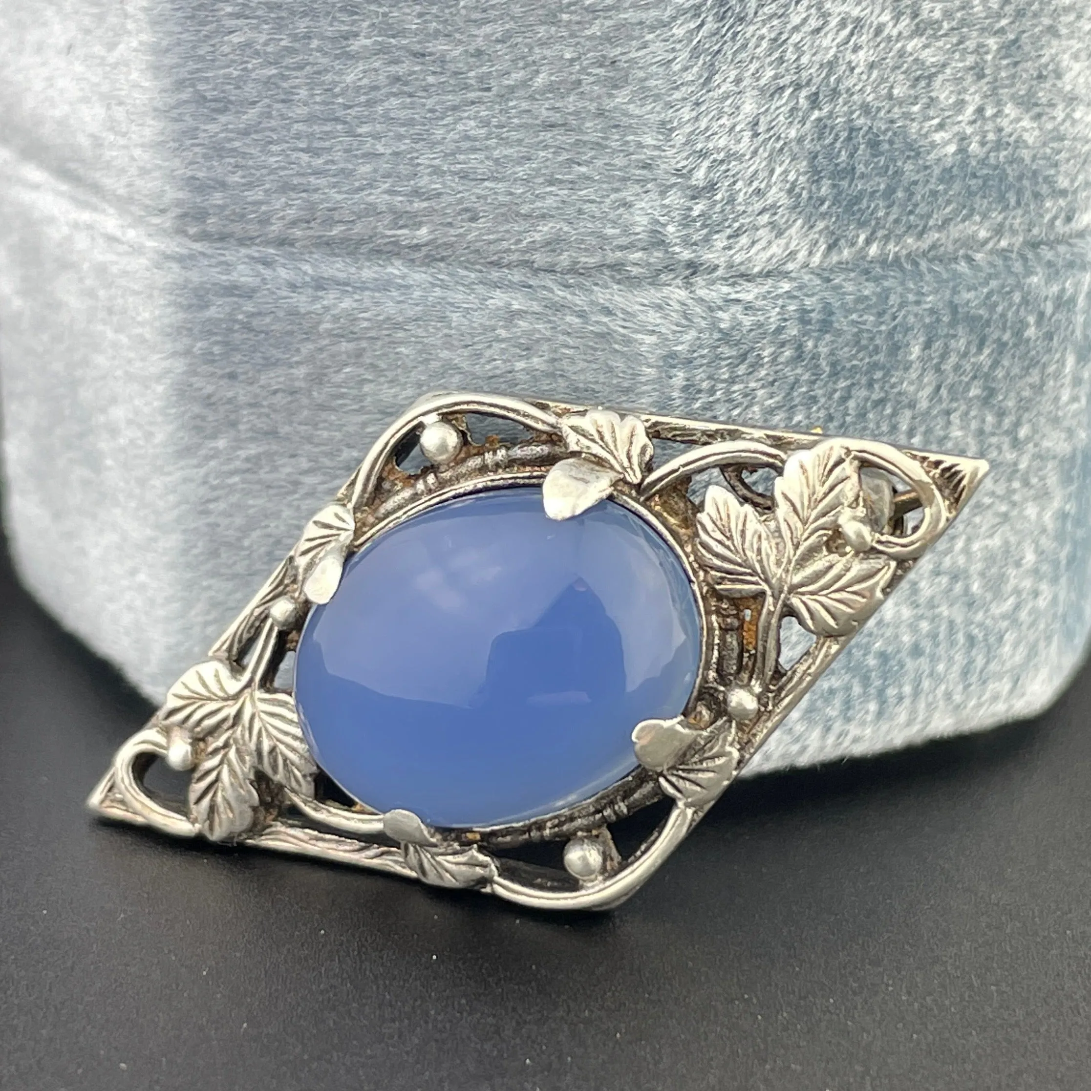 Vintage Arts and Crafts Silver Leaf Chalcedony Brooch