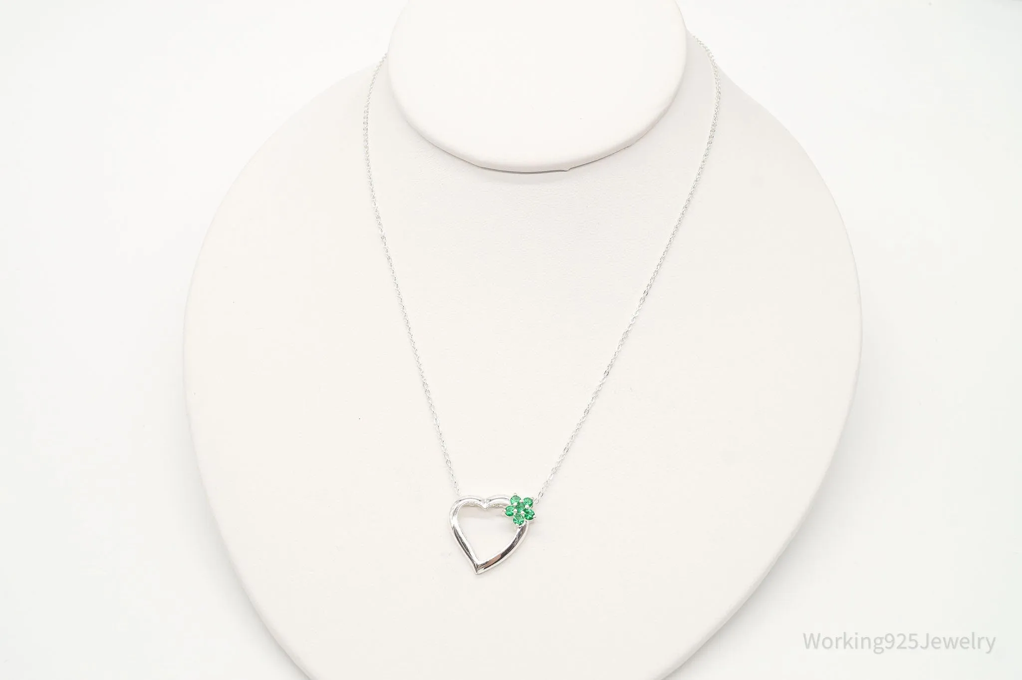 Vintage Designer Avon Green Cubic Zirconia Heart Sterling Silver Necklace