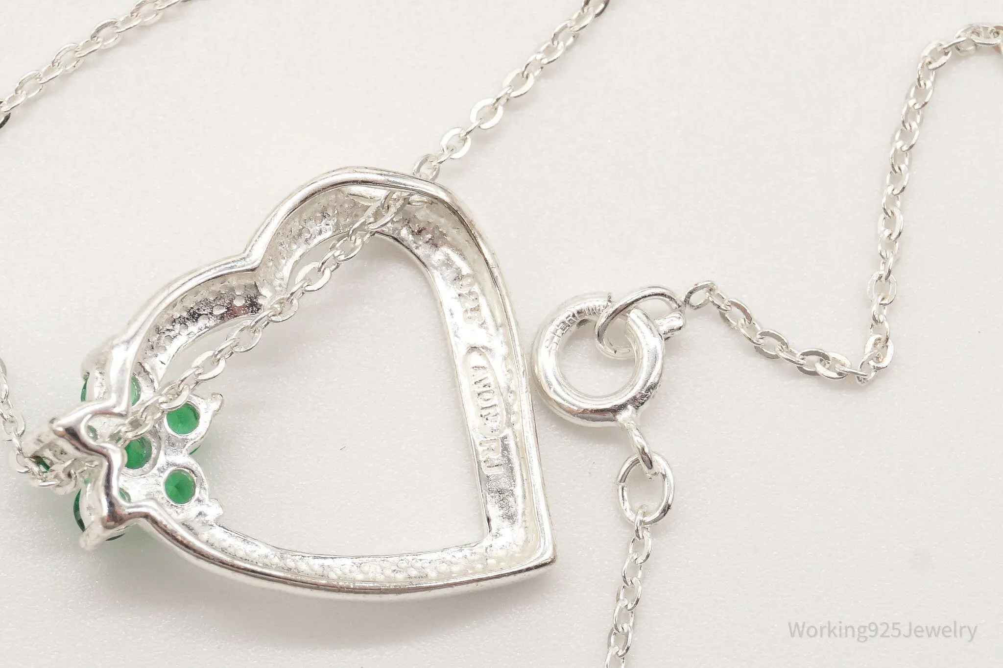 Vintage Designer Avon Green Cubic Zirconia Heart Sterling Silver Necklace