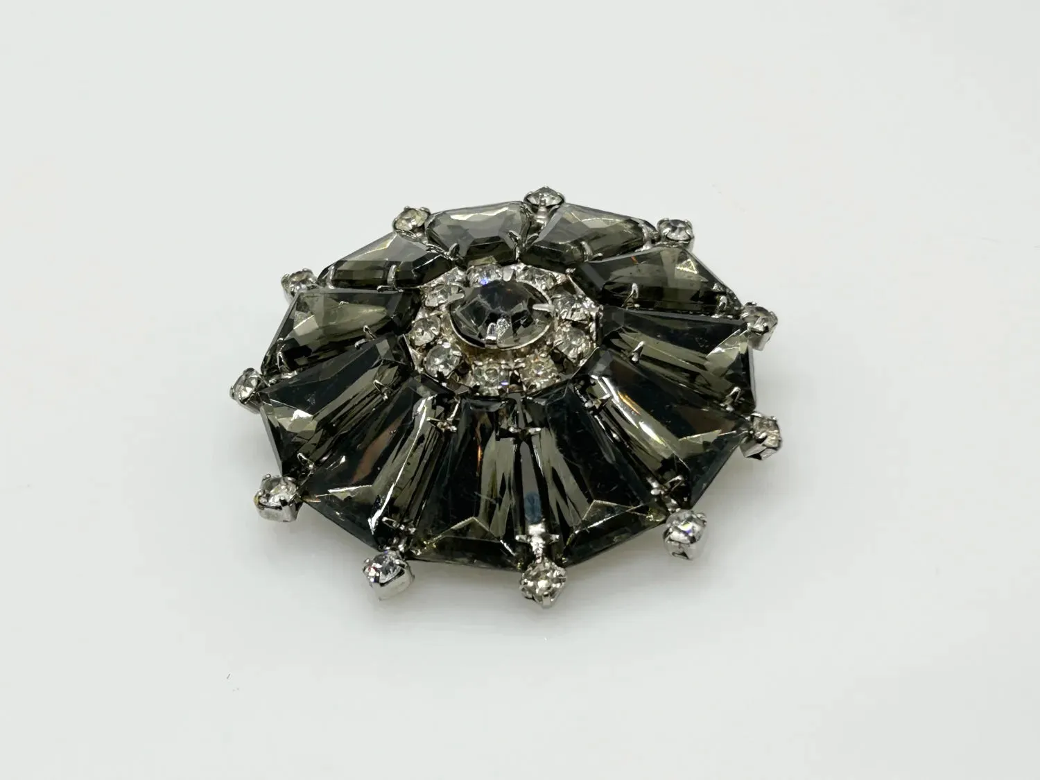 Vintage Gray Rhinestone Pinwheel Brooch