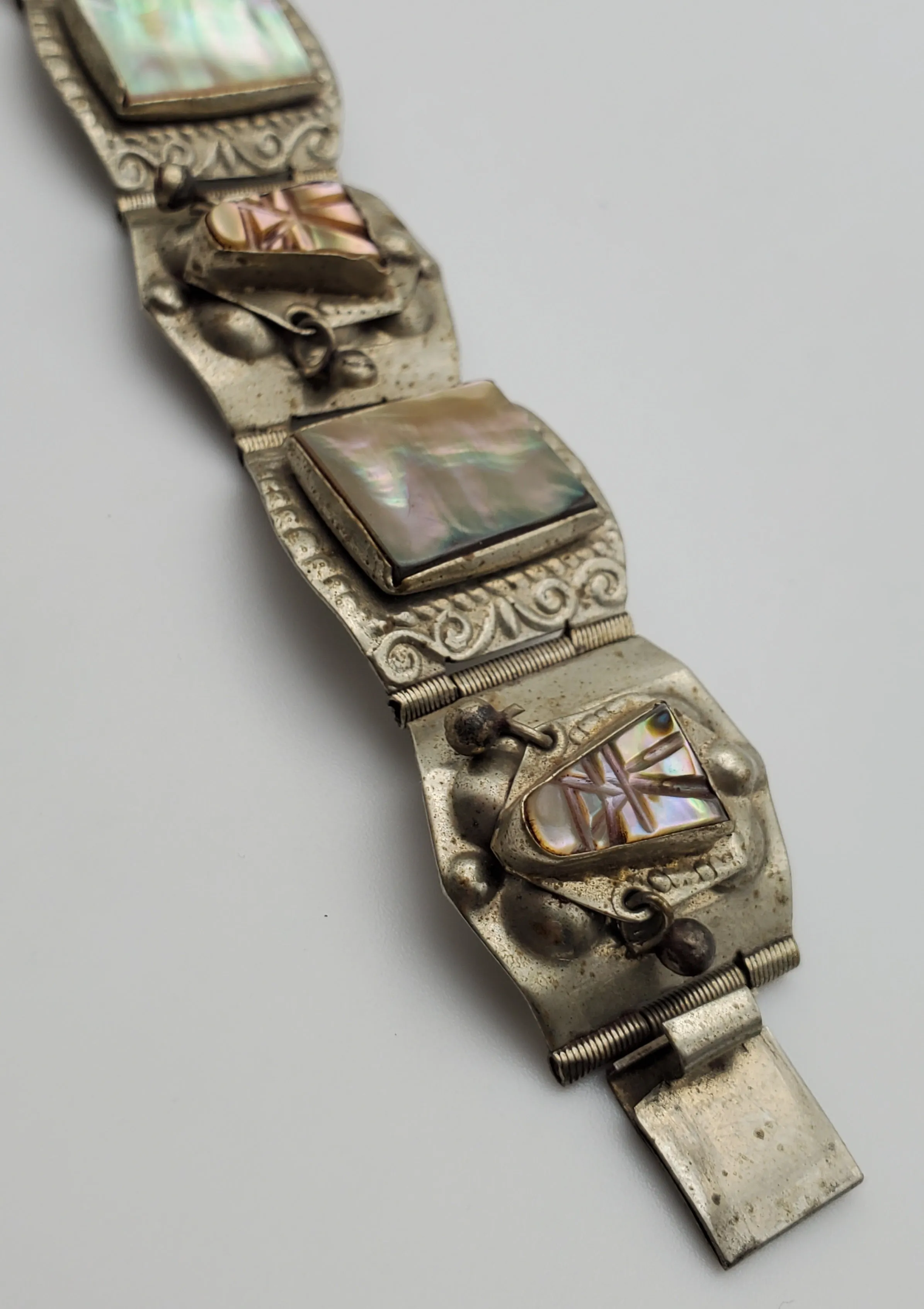 Vintage Handmade Mexican Carved Abalone Shell Panel Link Bracelet - 7"