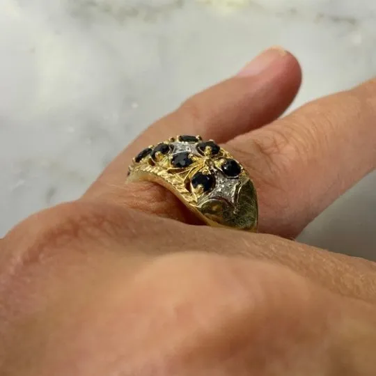 Vintage London Blue Topaz and Diamond Band Ring in Yellow Gold. Unique Engagement Ring.