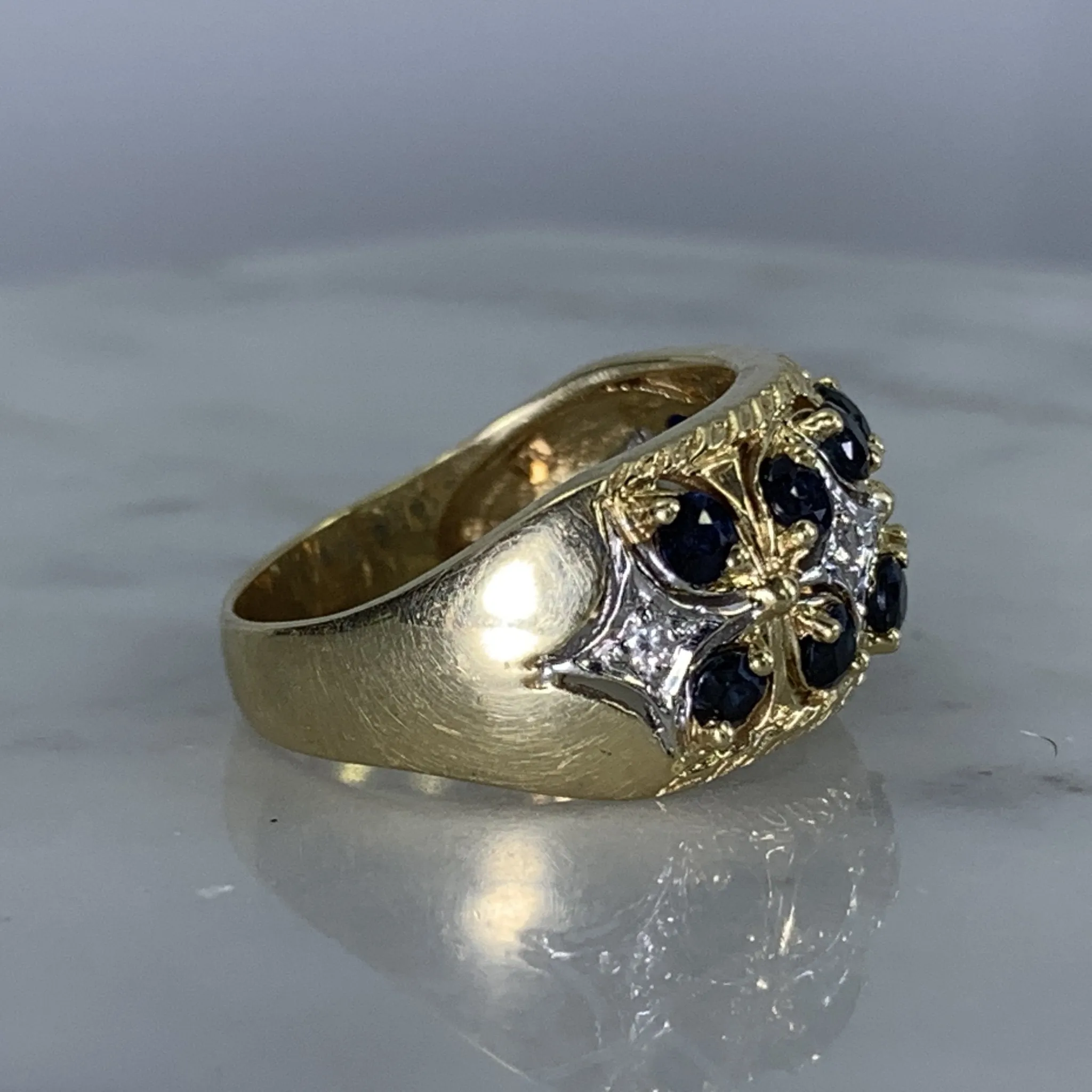 Vintage London Blue Topaz and Diamond Band Ring in Yellow Gold. Unique Engagement Ring.