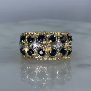 Vintage London Blue Topaz and Diamond Band Ring in Yellow Gold. Unique Engagement Ring.